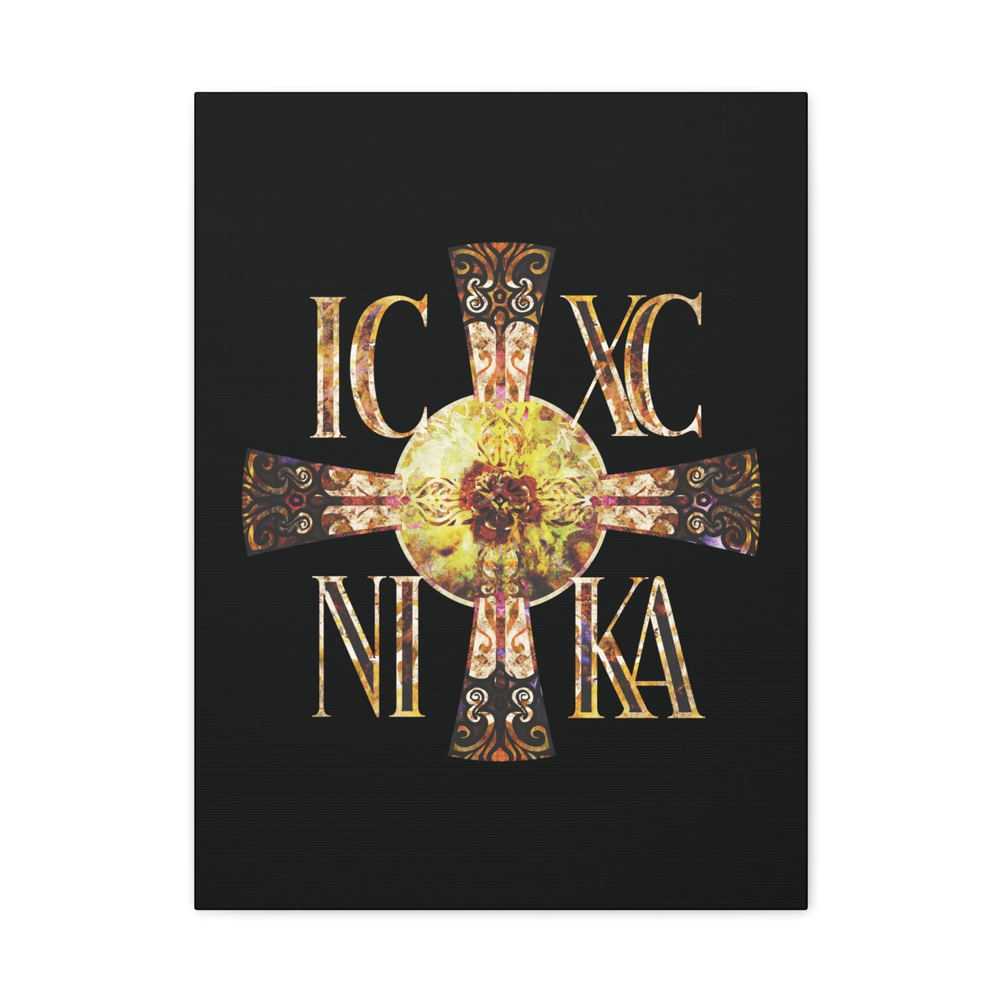 ICXC NIKA Celtic Style Equal Armed Cross | Bright Solar Texture | Orthodox Christian Canvas Art