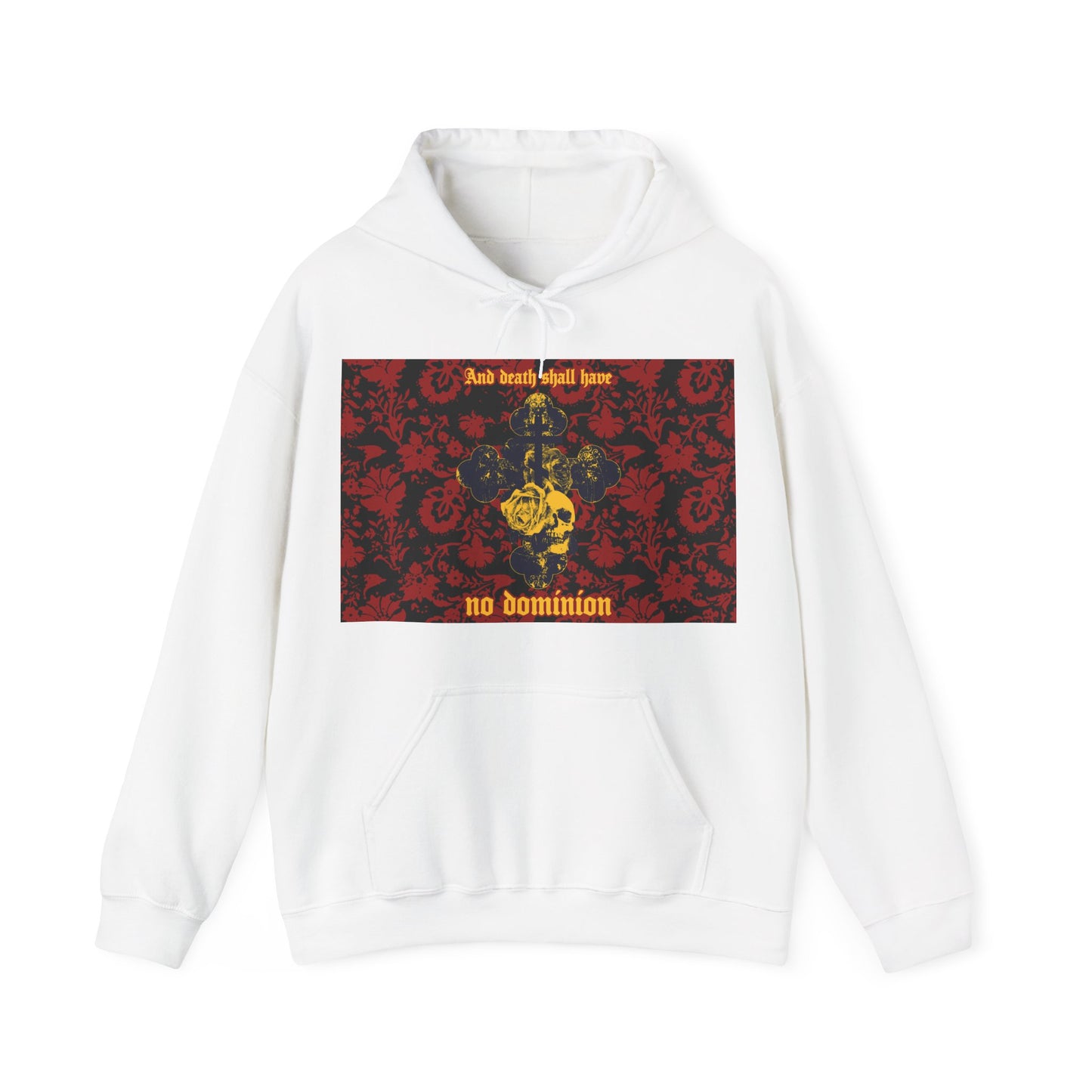 And Death Shall Have No Dominion (Dylan Thomas) | Resurrection | Gothic Style Cross, Skull and Rose on Floral Background | Orthodox Christian Hoodie-White-S-Remembrance of Death