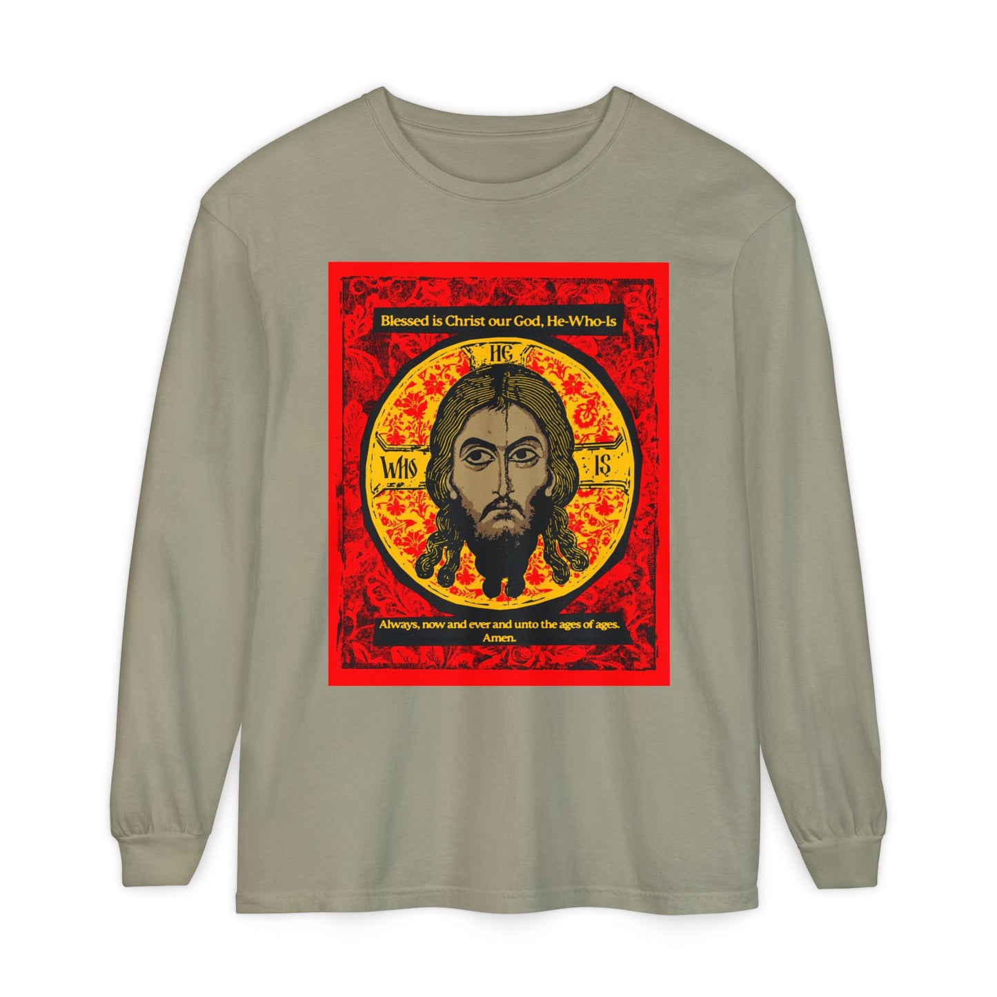 The Remembrance of Death "Made Without Hands" long-sleeve shirt features a khaki base with a red, black, and yellow Orthodox Jesus Christ icon and Troparion Tone 2 text above and below the image.