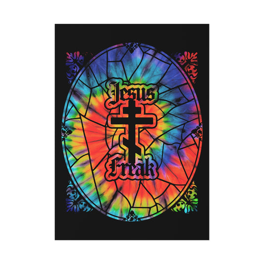 Tie-dyed stained glass window design with "Jesus Freak" text and Orthodox cross, inspired by the 70s Jesus Movement. Christian art poster for hippie decor.