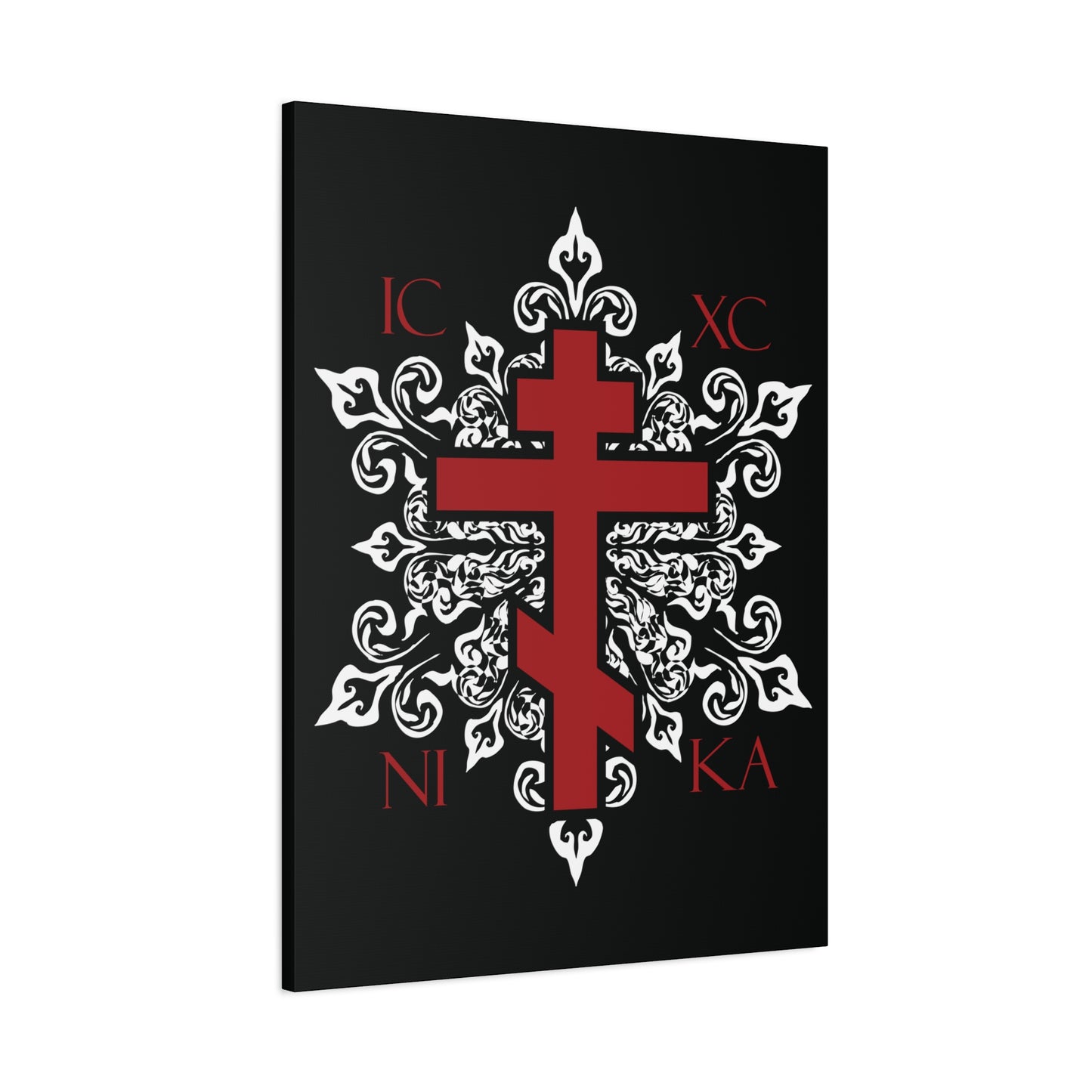 ICXC / NIKA Red Orthodox Cross on Ornate White Medieval Floral Design | Exclusive Best-Selling | Orthodox Christian Canvas Art