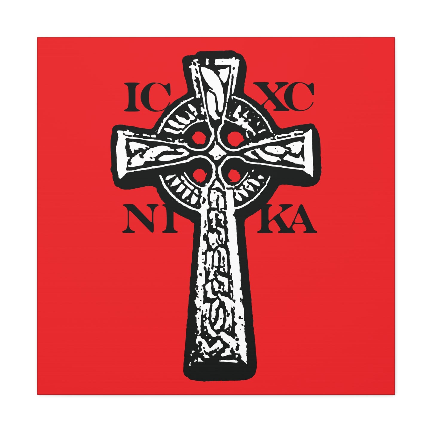 The ICXC NIKA Celtic Knotwork Cross features a black and white design on a red background, symbolizing Jesus Christ conquers—traditional Orthodox Christian wall art.