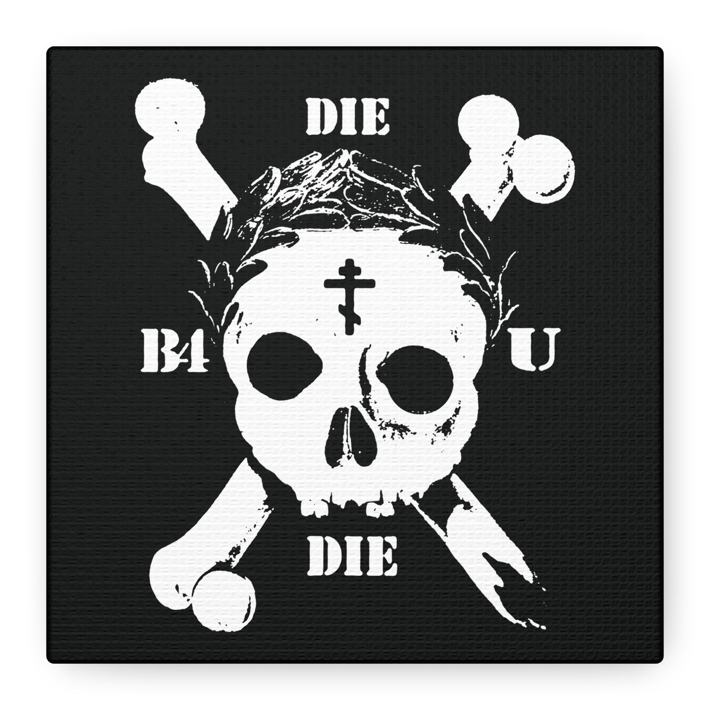 The "Die Before You Die" Retro Skull & Crossbones wall art features an Orthodox cross and laurel victory wreath, blending Memento Mori and ascetic Christian themes inspired by Matthew 16:24-25.