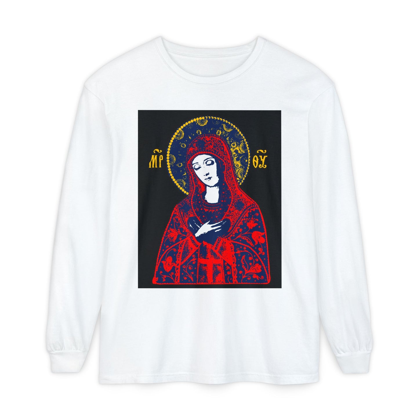 Joy of All Joys Tenderness Theotokos Iconographic Based on Traditional Orthodox Iconography | Red Design | Orthodox Christian Long Sleeve Shirt
