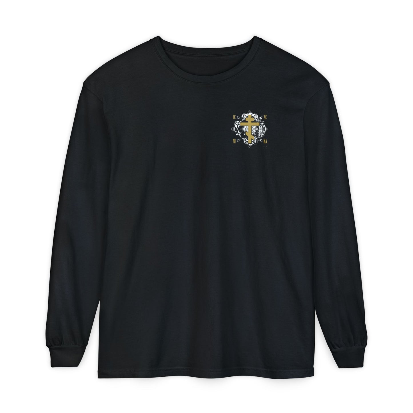 Gold Orthodox Cross ICXC NIKA  (Small Design) | White Medieval Ornate Floral Pattern | Jesus Christ Conquers | Christian Long Sleeve
