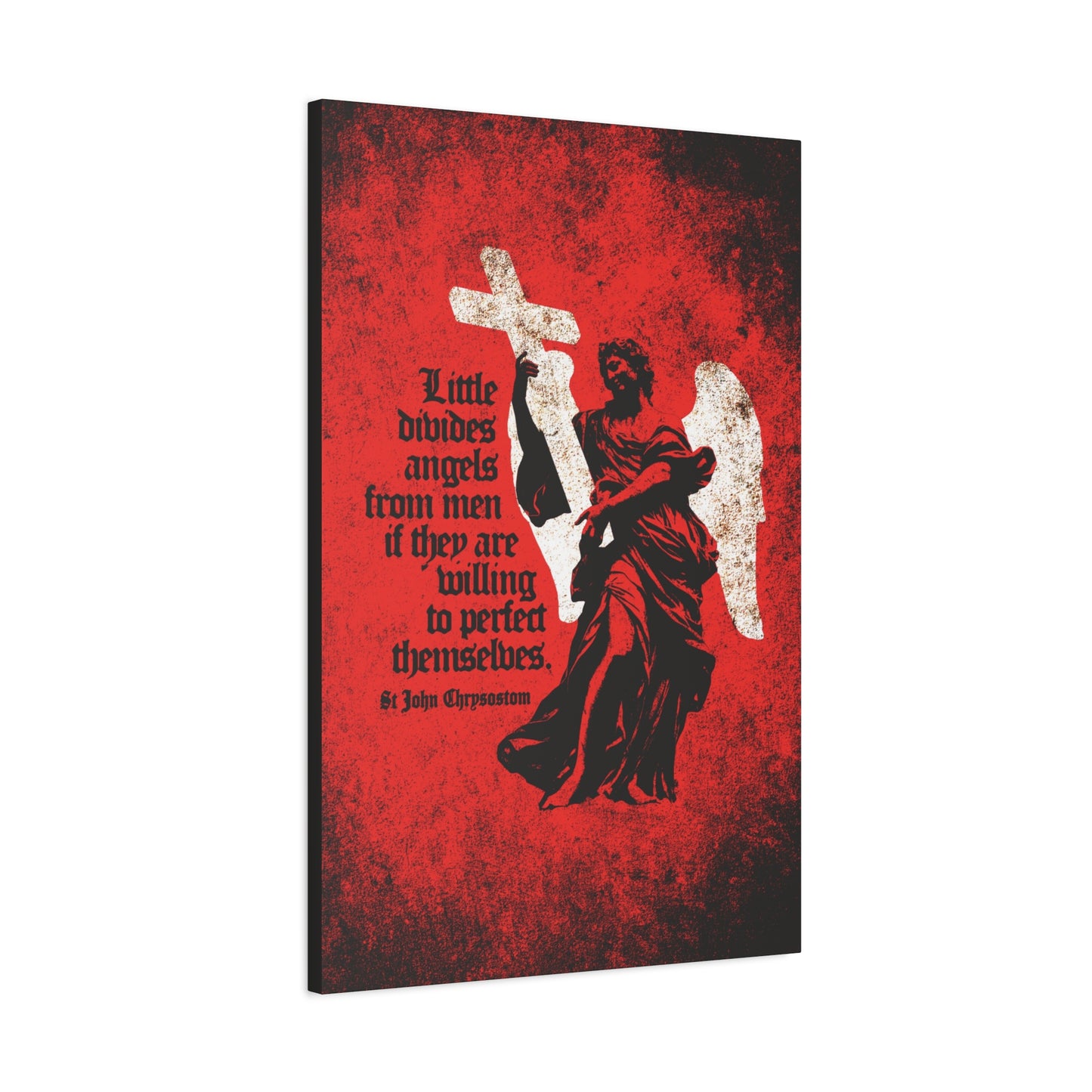 The "Little Divides Angels from Men" Orthodox Christian canvas art features a textured cemetery angel with a cross on red, paired with St. John Chrysostom’s quote, calling viewers to "Be ye holy" and pursue Christian perfection.