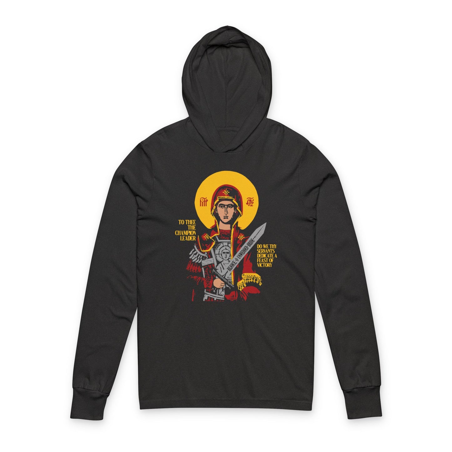 To Thee the Champion Leader | Mother of God | Theotokos with Sword IconoGraphic | Orthodox Long Sleeve Hooded Shirt