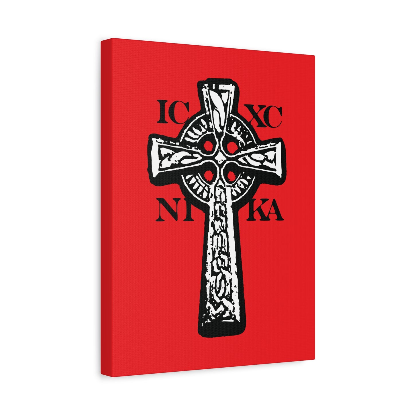 The ICXC NIKA Celtic Knotwork Cross features black and white on a red background, displaying "Jesus Christ Conquers" in Greek letters—a traditional Orthodox Christian wall art symbolizing the power of the Cross.