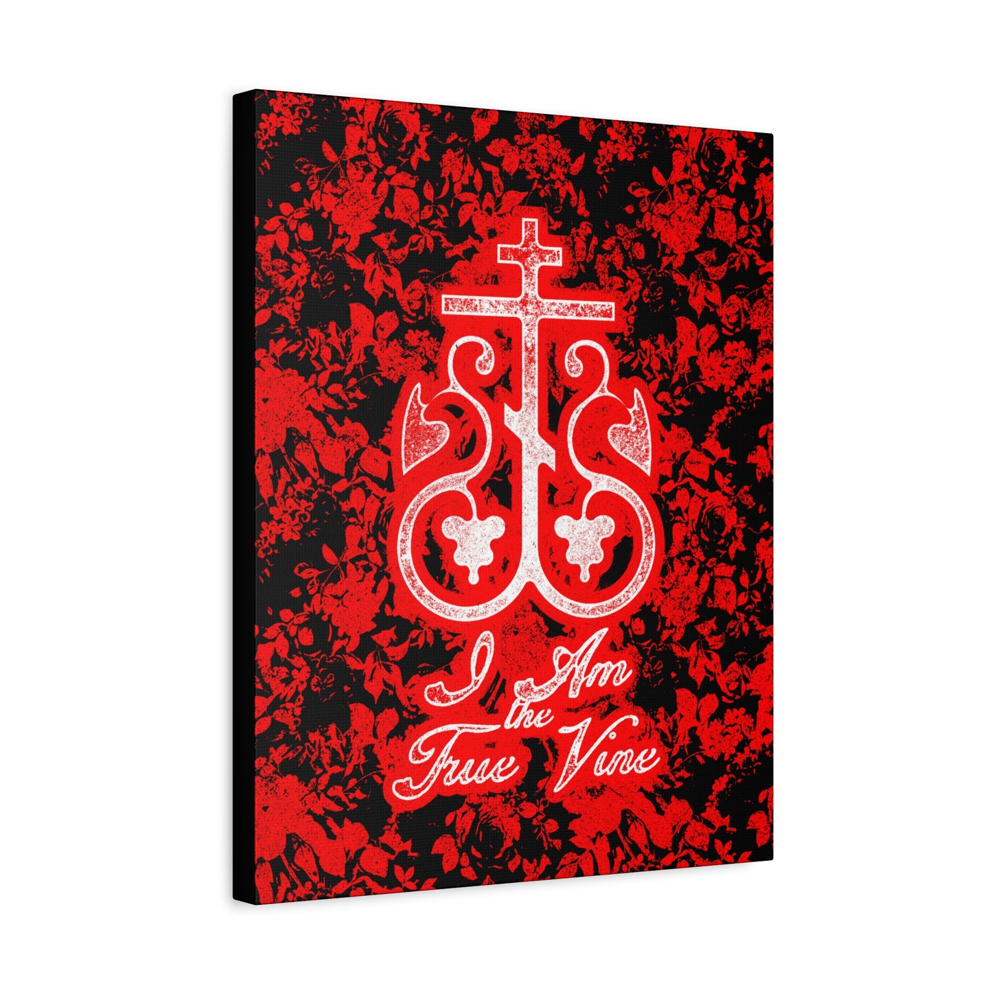 I Am the True Vine (John 15:1) | Orthodox Cross Vine Monogram | Red and Black Floral Design | Orthodox Christian Canvas Art