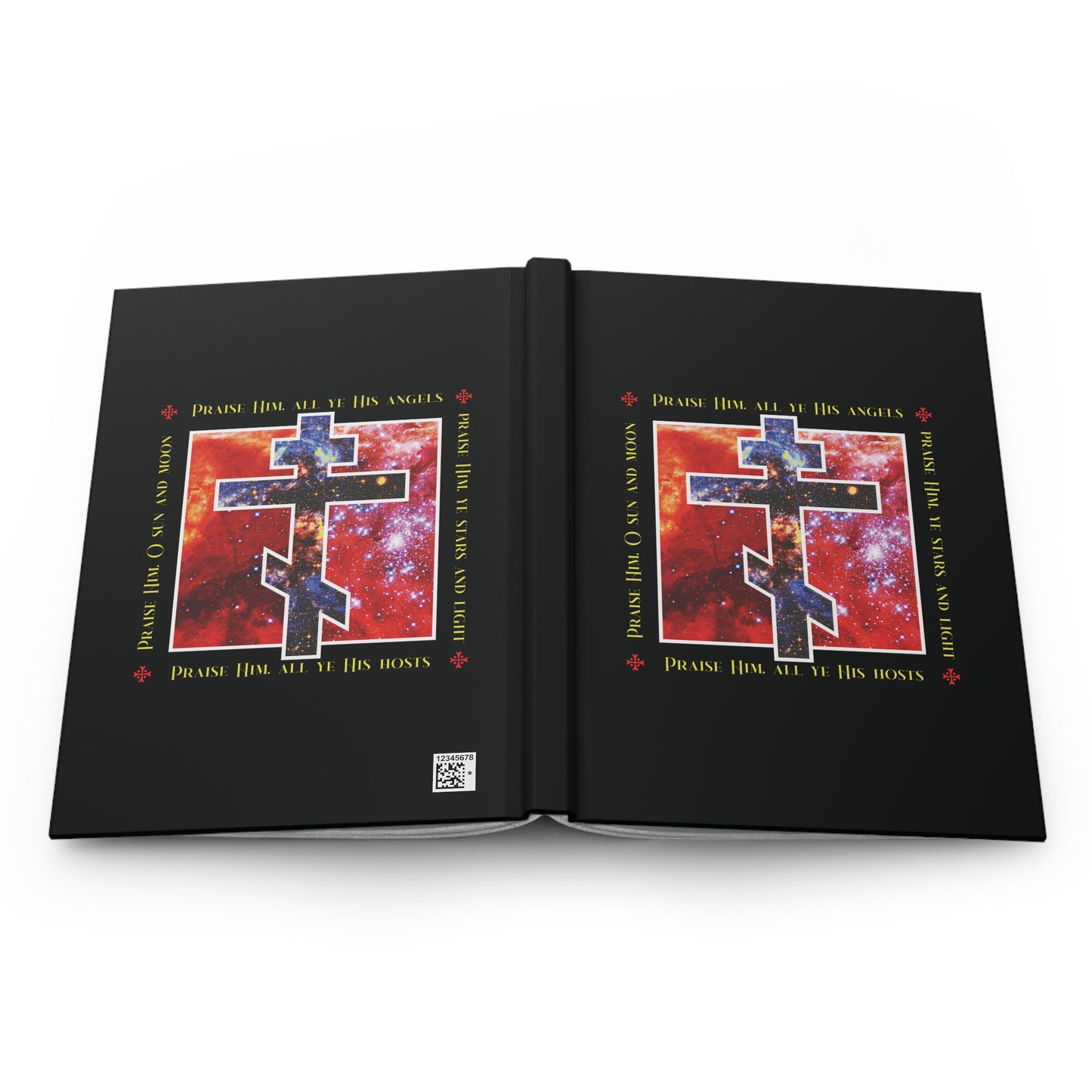 A black journal titled "Praise Him All Ye His Angels, Praise Him Ye Stars and Light" features a cosmic Orthodox cross, divine council theme, and gold-framed celestial motifs celebrating Orthodox Christian faith.