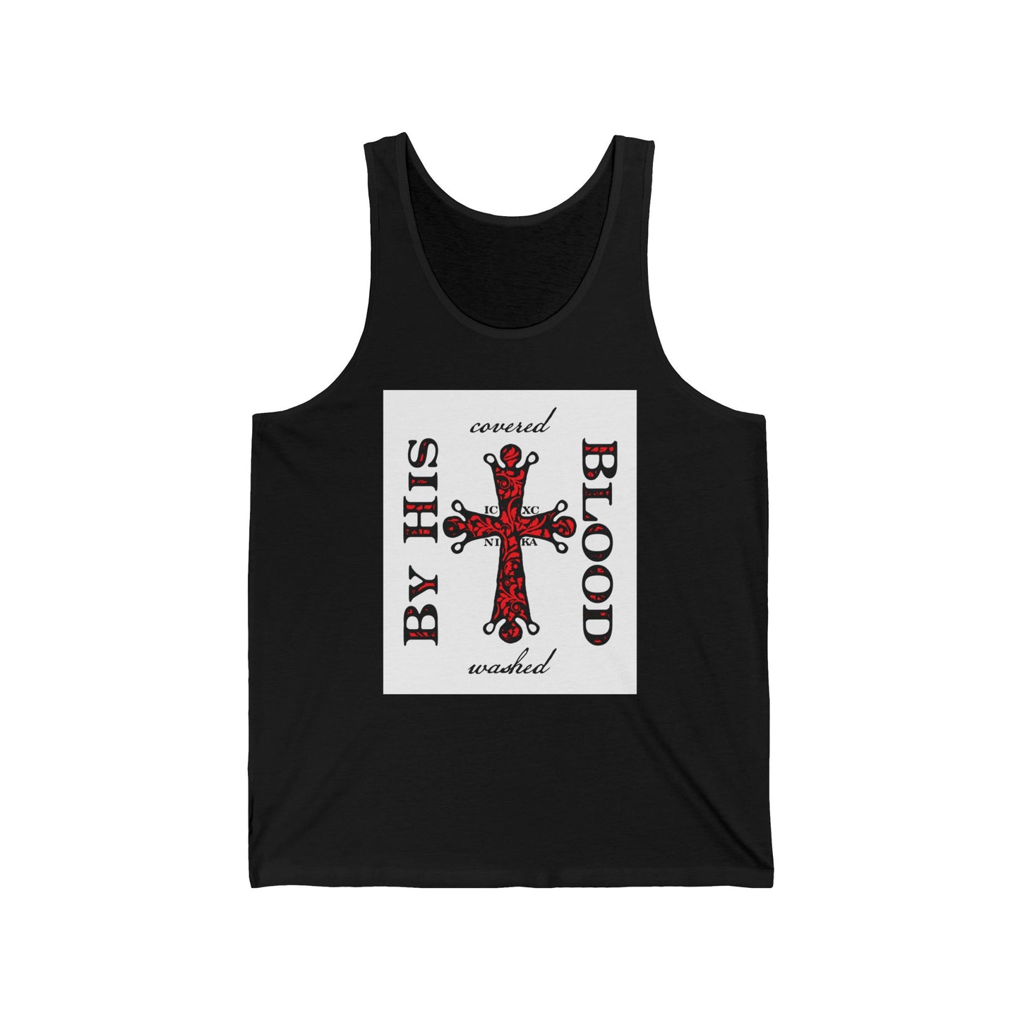 Washed/Covered By His Blood (1 John 1:7) | ICXC NIKA Ornate Red Orthodox Cross | Orthodox Christian Jersey Tank Top / Sleeveless Shirt