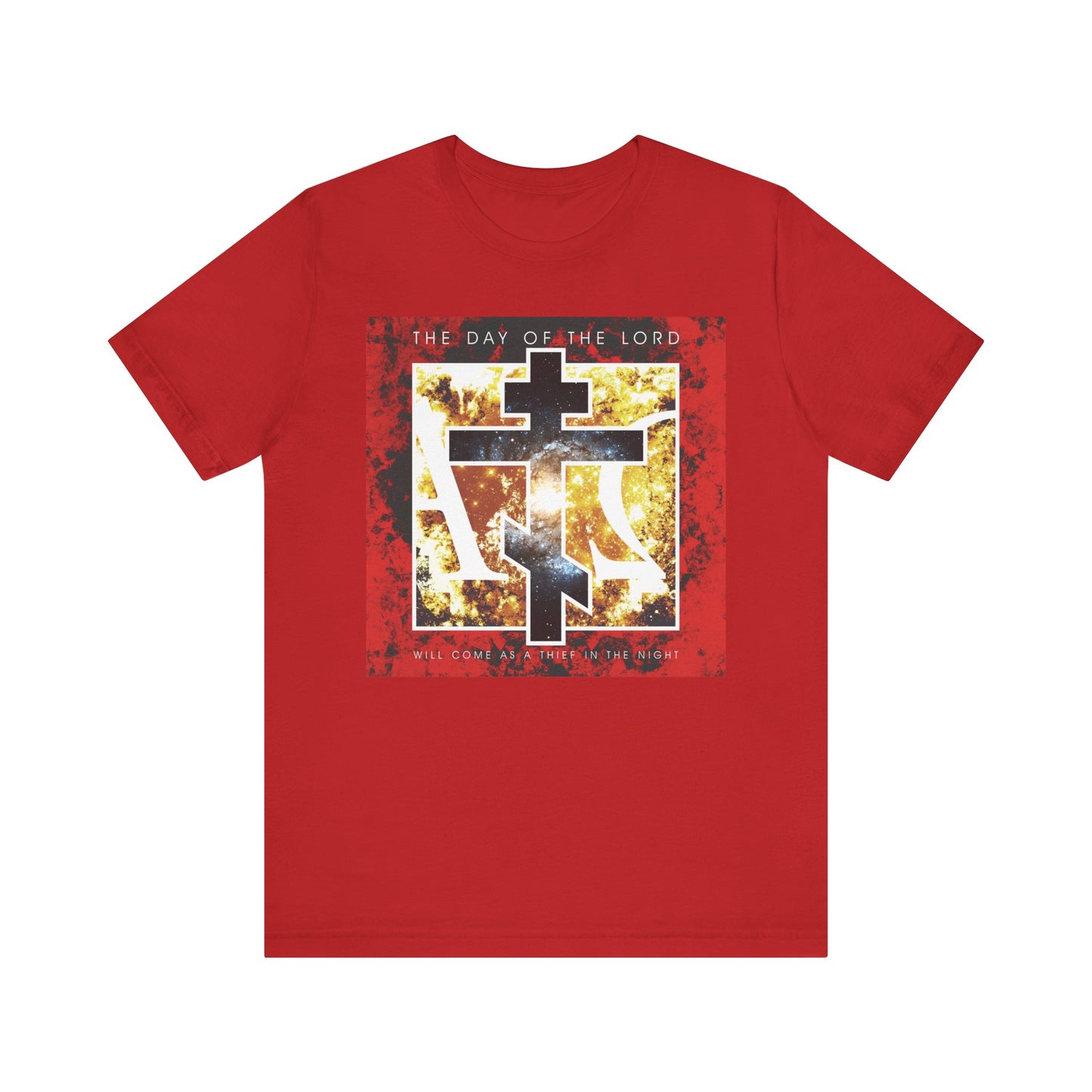 Sport the bold red “The Day of the Lord Will Come as Thief in the Night” lightweight cotton unisex tee, featuring a cosmic Alpha & Omega three-cross design inspired by 1 Thessalonians—with “The Day of the Lord” above and “will come like a thief in the night” below—a powerful reminder for all children of light to hold fast to hope and salvation.
