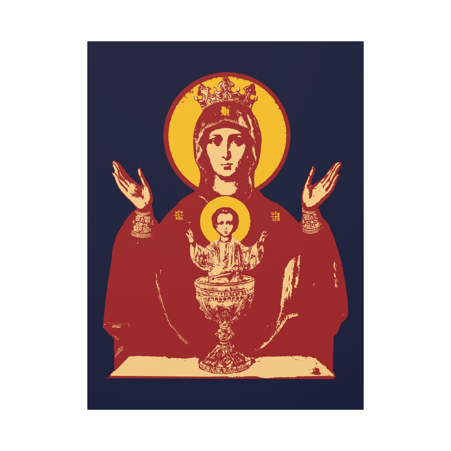 The Holy Theotokos IconoGraphic of the Inexhaustible Chalice (Deliverer from Addictions, Conquer Passions) is Orthodox Christian wall art depicting the Mother of God with raised hands and the Christ child in a chalice before her.