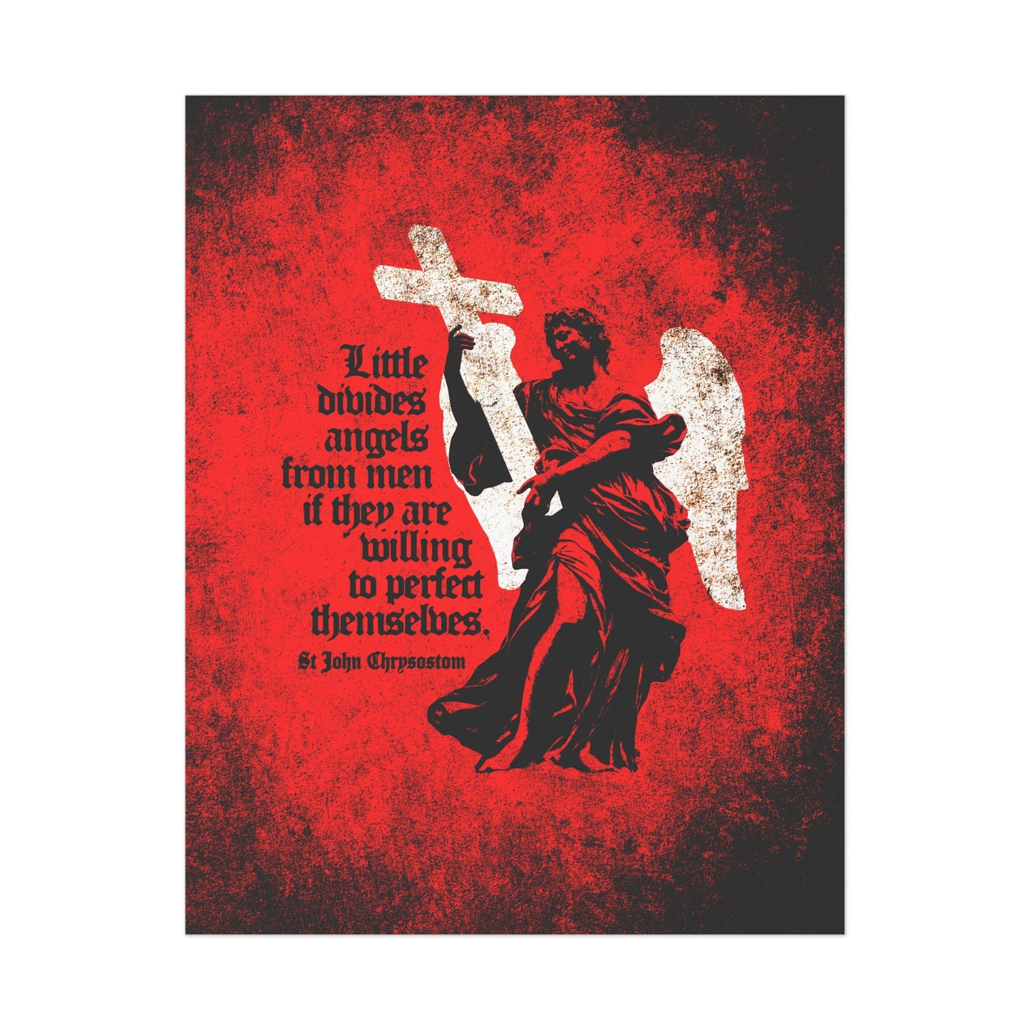 A textured poster featuring a black angel with a cross and quote, "Little divides angels from men... 'Looking unto Jesus, my grace is sufficient,'" inspired by St John Chrysostom. Orthodox Christian Art: Little Divides Angels from Men.