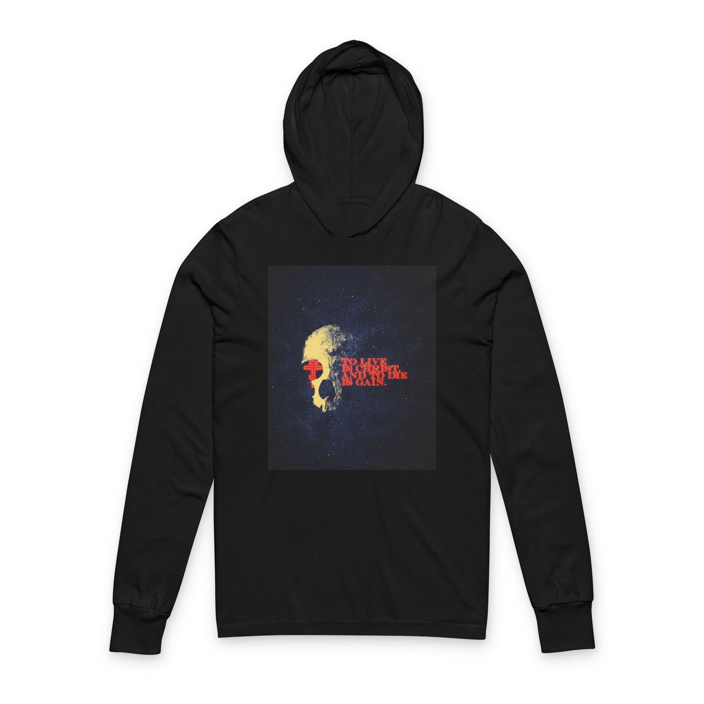 To Live is Christ and to Die is Gain | Phil 1:21 | Retro Texture | Glowing Letters and Cross with Skull | Orthodox Long Sleeve Hooded Shirt