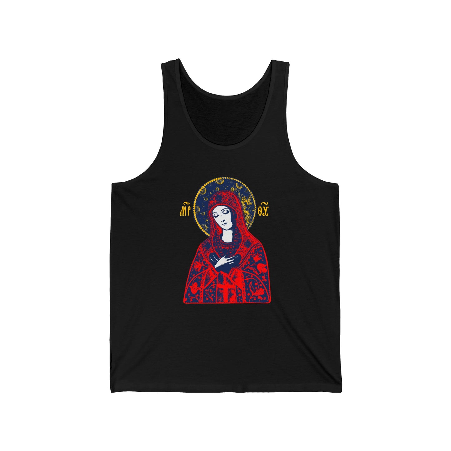 Joy of All Joys Tenderness Theotokos Iconographic Based on Traditional Orthodox Iconography | Red Design | Orthodox Christian Jersey Tank Top