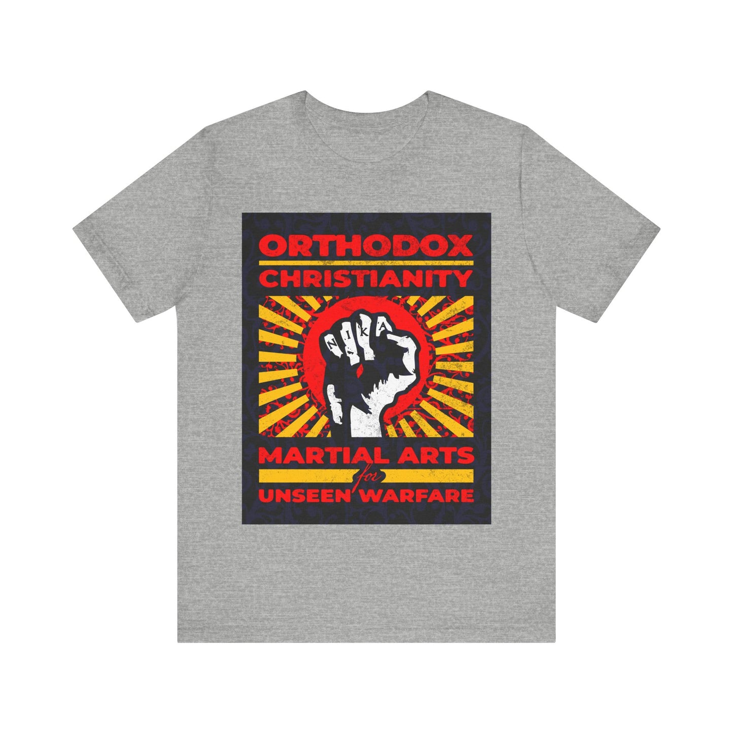 Orthodox Christianity: Martial Arts for Unseen Warfare | NIKA Jesus Fist on Colorful Sunburst Design | Orthodox Christian T-Shirt