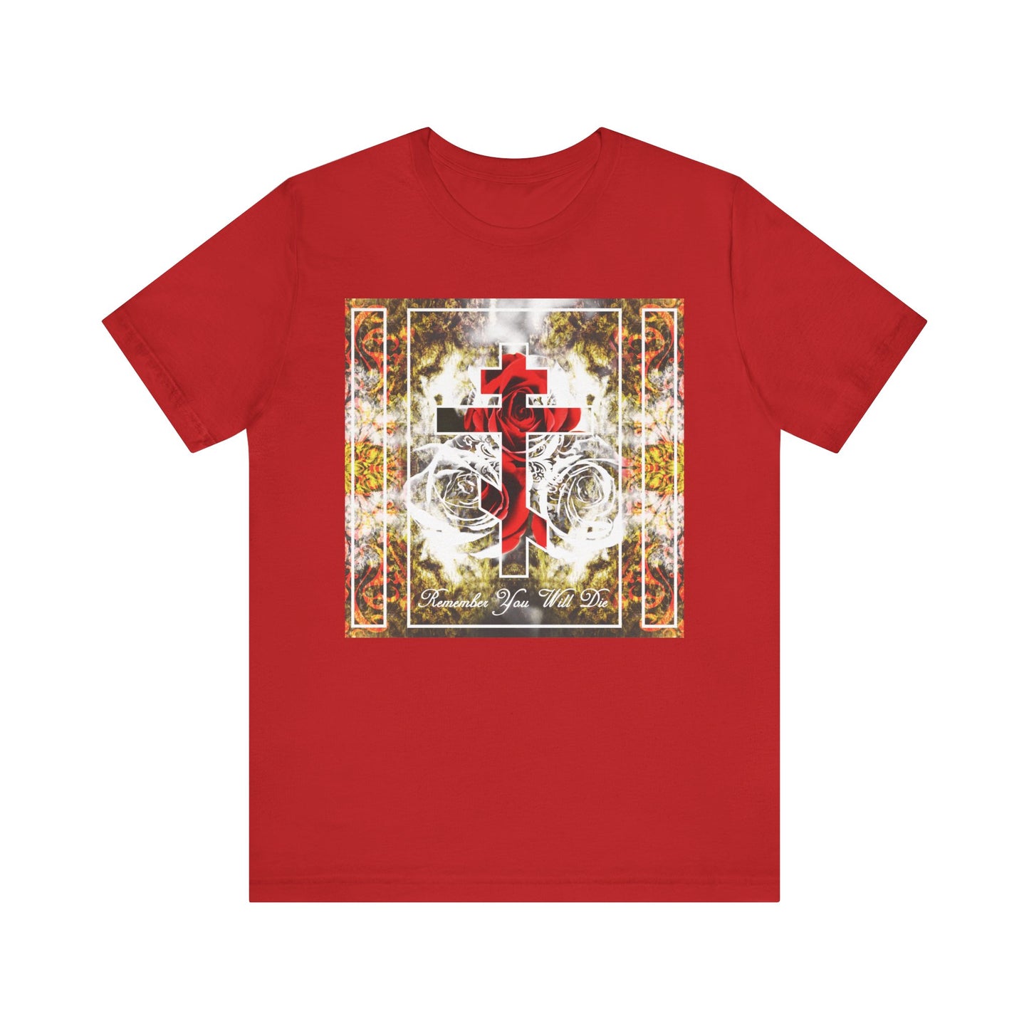 Red unisex lightweight cotton tee featuring an elegant "Remember You Will Die" font, an Orthodox cross with roses and floral texture, and a memento mori Christian design on the front. This classic short sleeve shirt is crafted from soft cotton for a comfortable fit and modern style.
