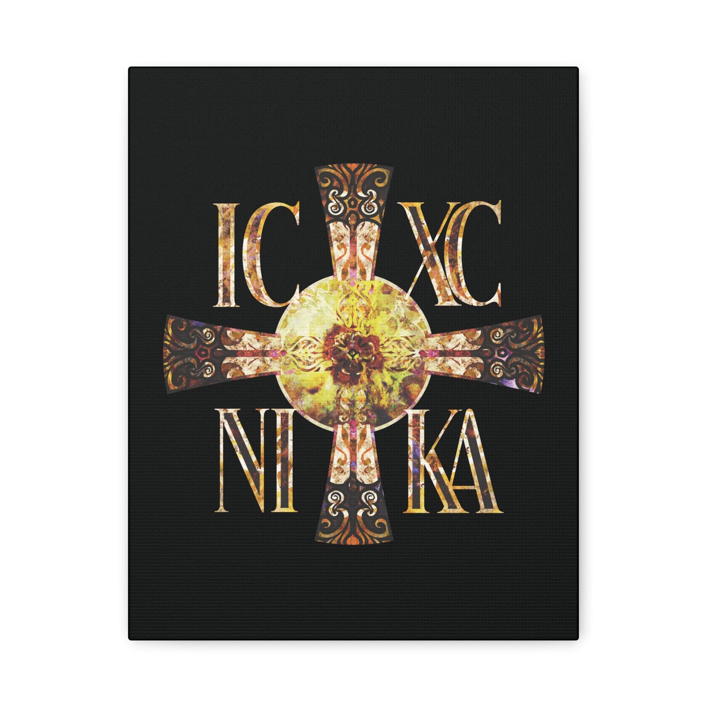 ICXC NIKA Celtic Style Equal Armed Cross | Bright Solar Texture | Orthodox Christian Canvas Art