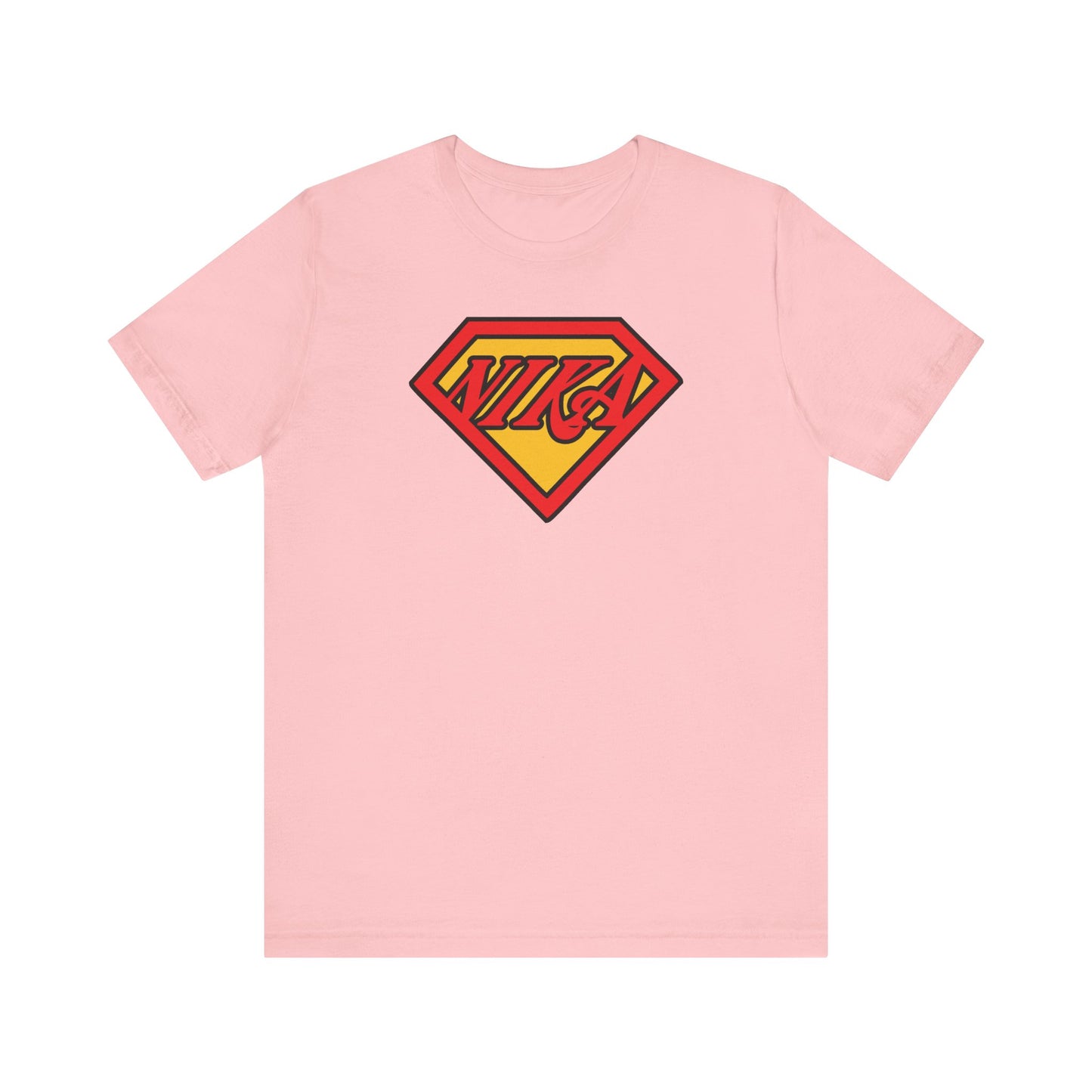 Pink unisex lightweight cotton tee featuring the NIKA Superm@n logo—a comic book-inspired pop culture Christian mashup that celebrates unwavering faith, inspired by St John of Kronstadt’s call to conquer passions.
