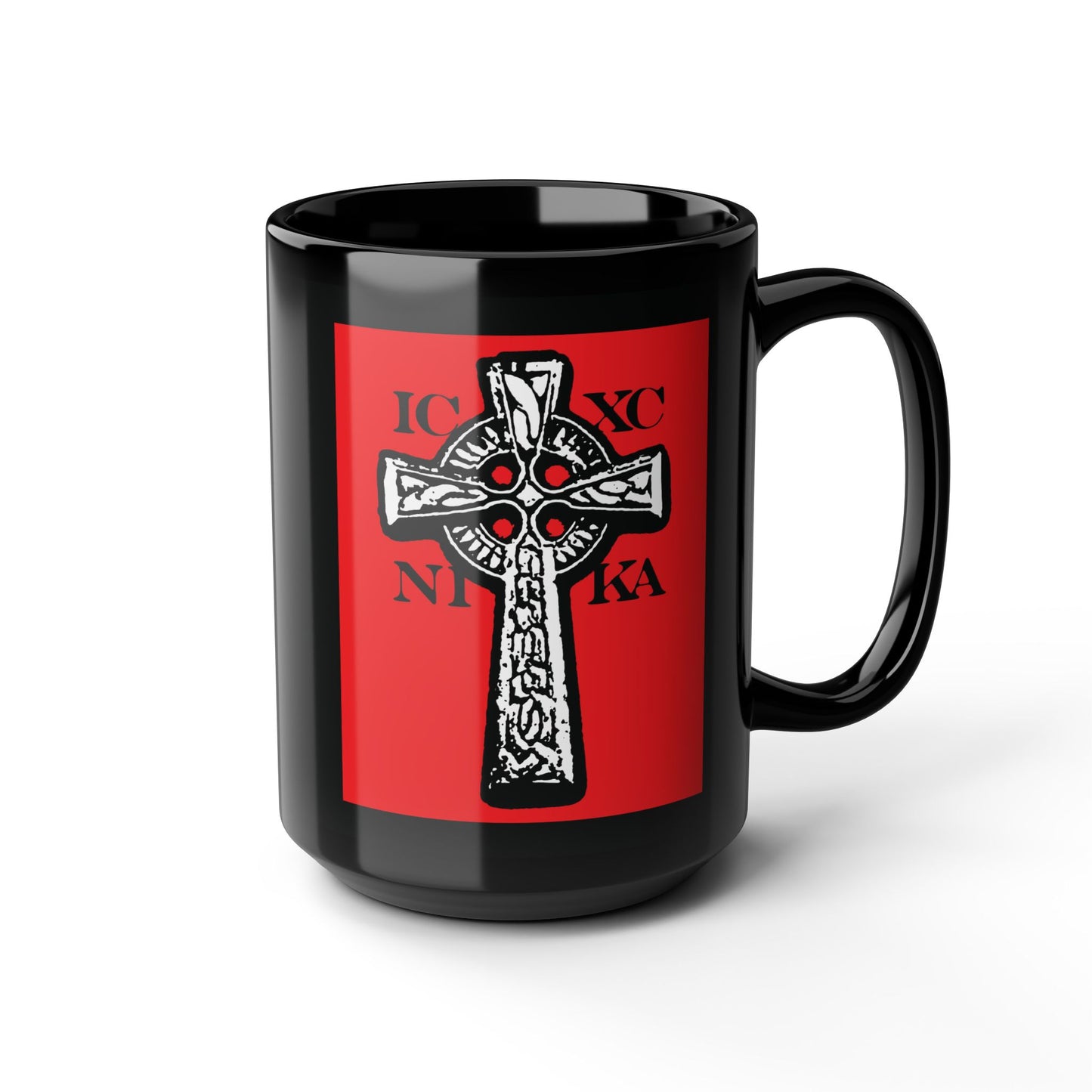 Black mug with a red panel featuring the ICXC NIKA Celtic Knotwork Cross in black and white, symbolizing Jesus Christ Conquers, traditional Orthodox Christian design.