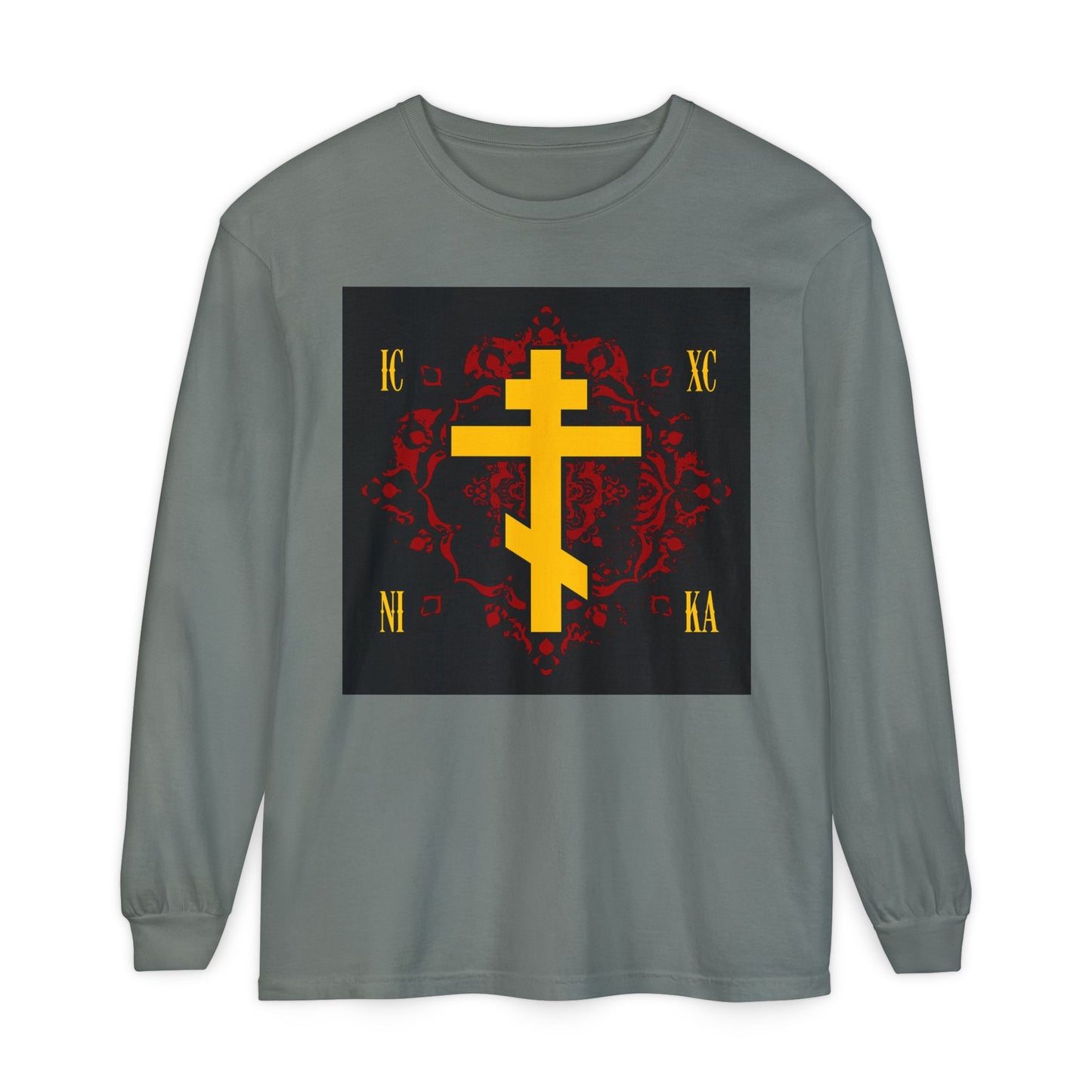 Grey long-sleeve shirt featuring the ICXC NIKA Yellow Russian Cross with "Jesus Christ Conquers" on an ornate red background. Orthodox Christian design.