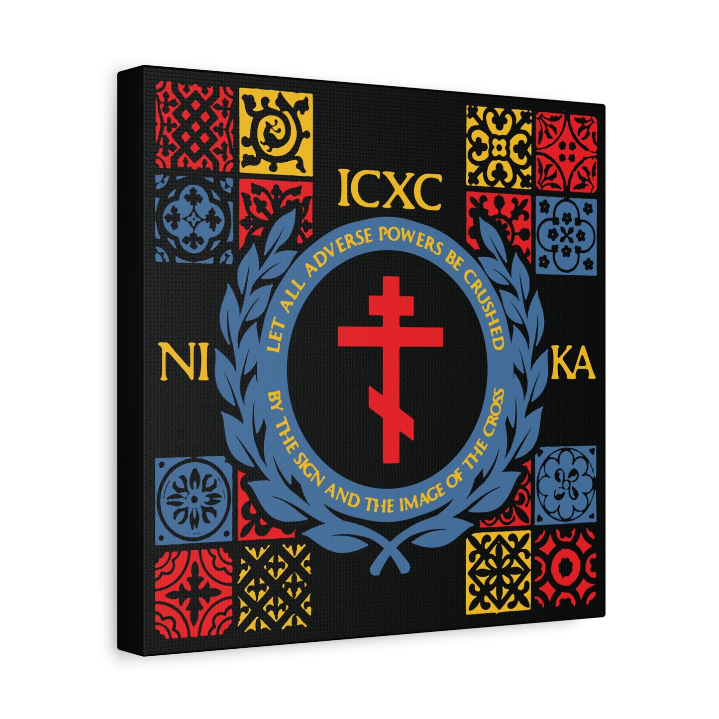 Let All Adverse Powers Be Crushed (Red, Yellow & Blue Design) | ICXC NIKA | Medieval Tile Design | Orthodox Christian Canvas Art