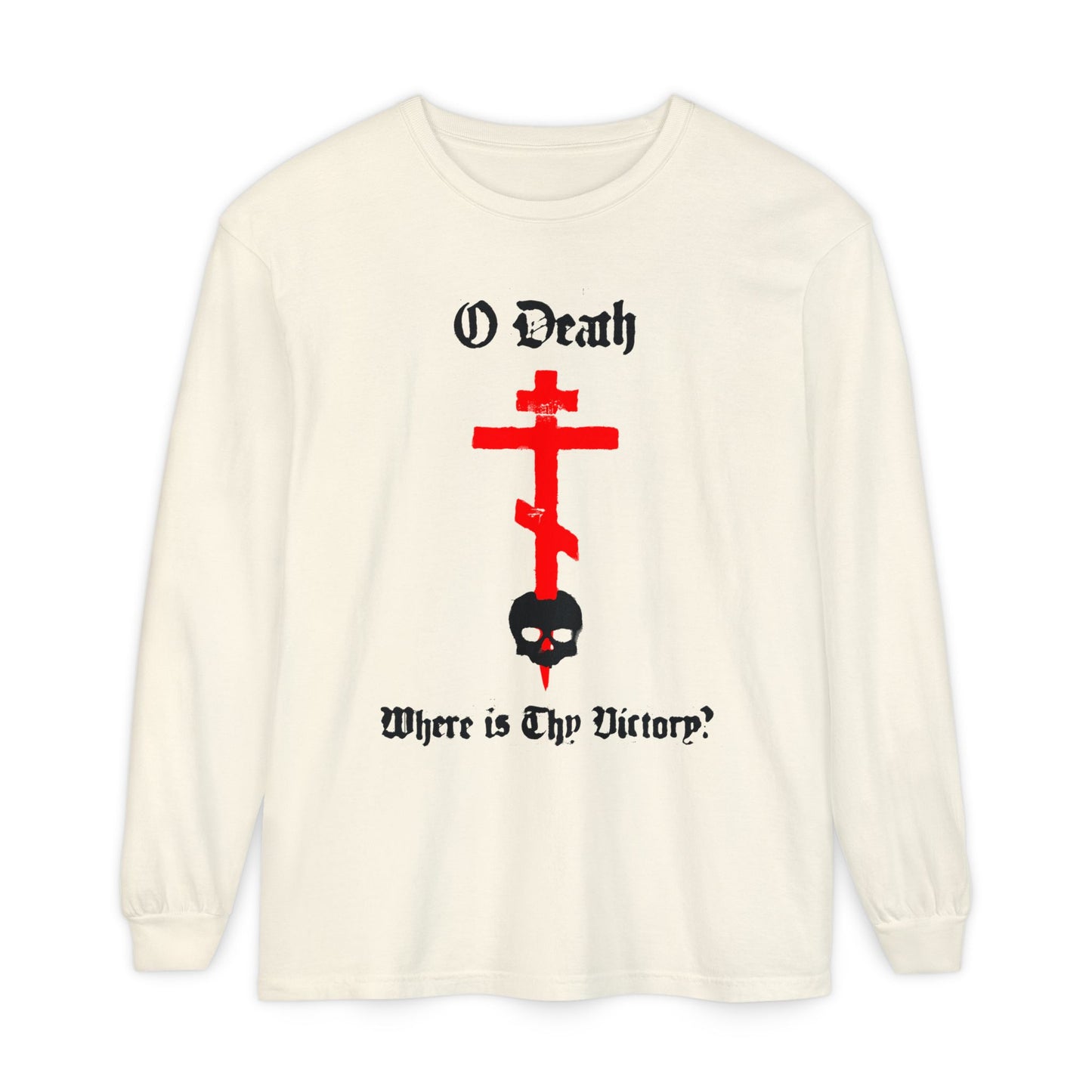 O Death Where is Thy Victory? 1 Cor 15:55 | Cross Stabbing Skull | Spraypaint Aesthetic | Orthodox Christian Long Sleeve Shirt
