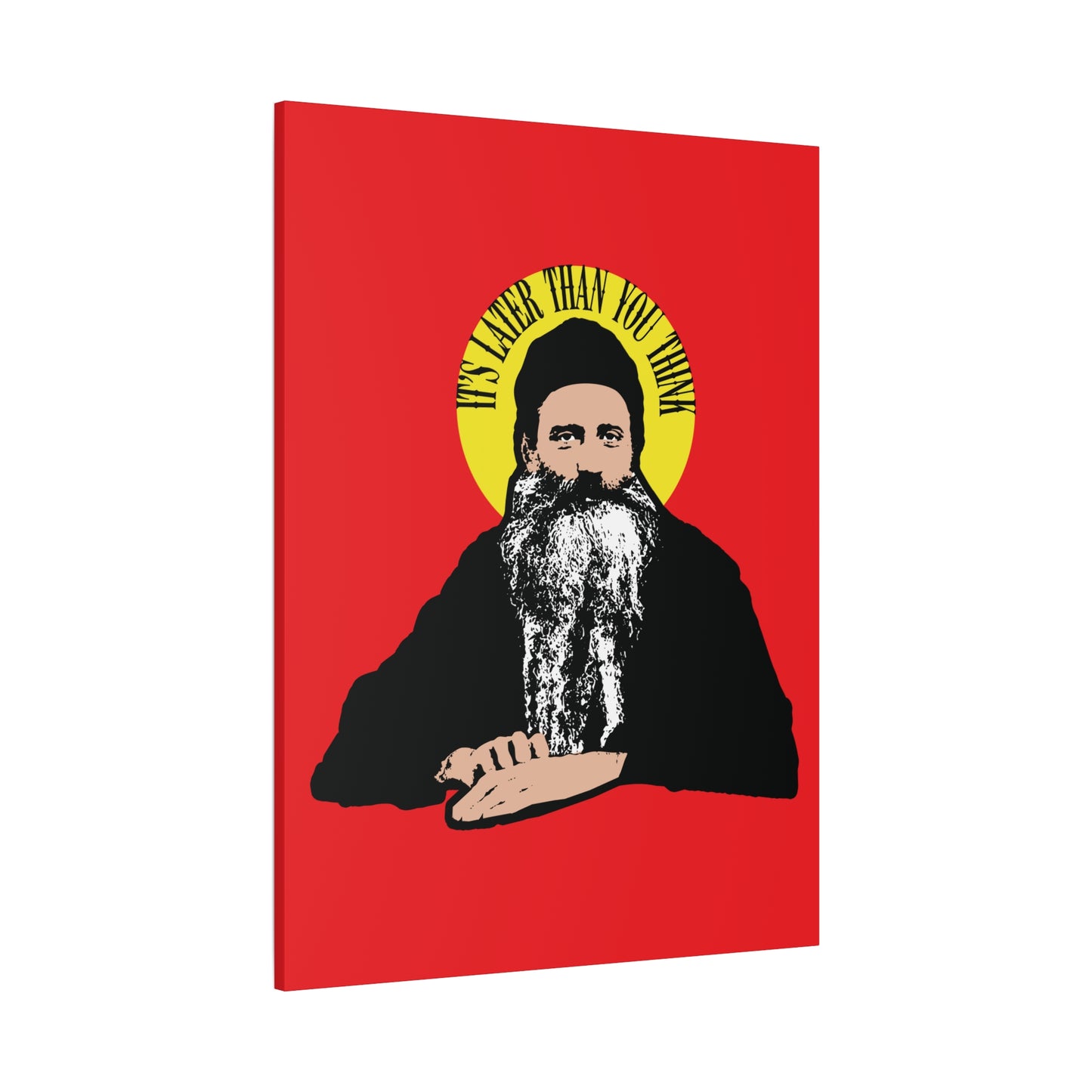 Illustration of Fr Seraphim Rose with a yellow halo and the text IT'S LATER THAN YOU THINK on red, inspired by a modern American Orthodox Christian saint. Perfect Orthodox Christian wall art for reflection on life's journey.