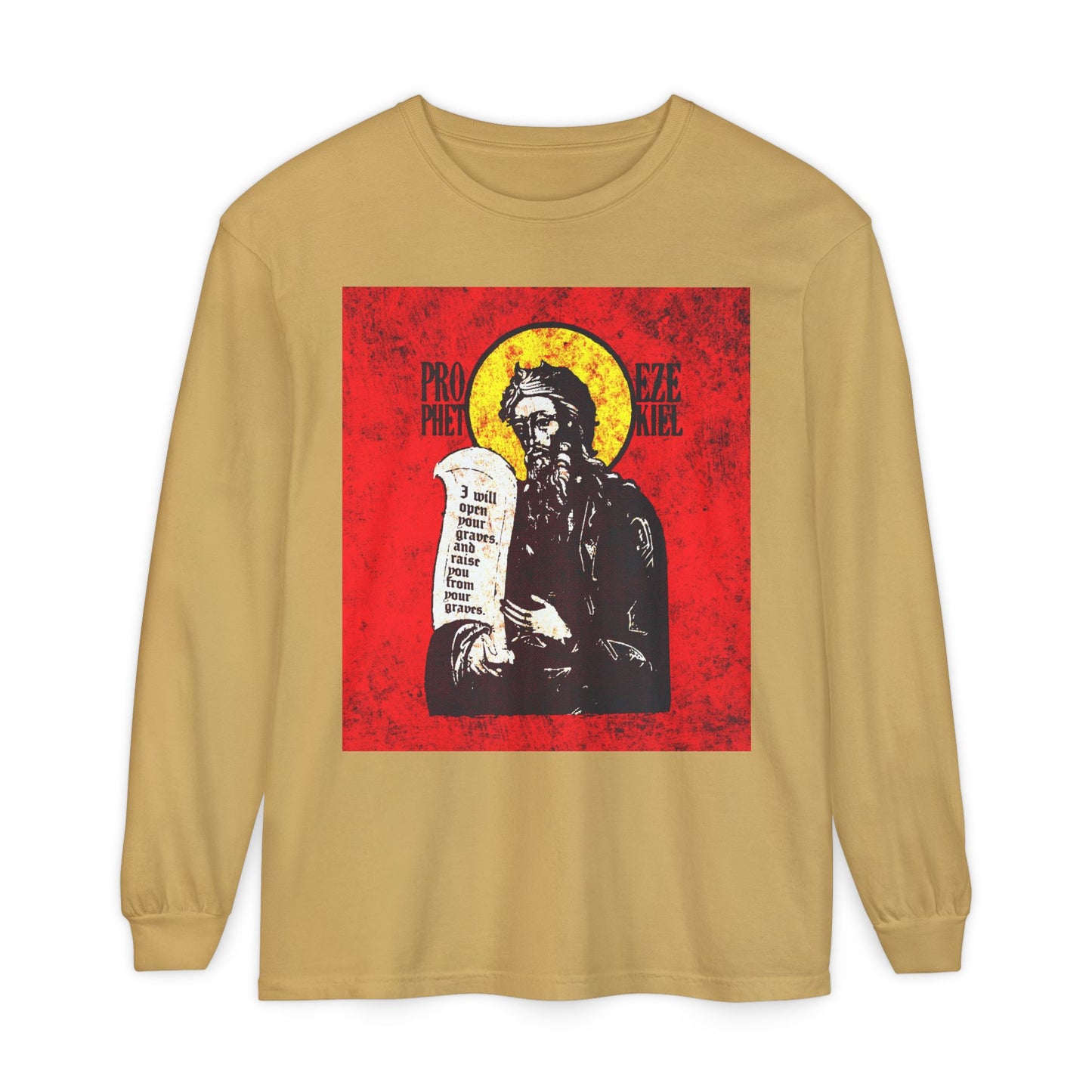 Prophet Ezekiel IconoGraphic | Textured, High Contrast Bright Red and Yellow Design | Old Testament | Orthodox Christian Long Sleeve Shirt