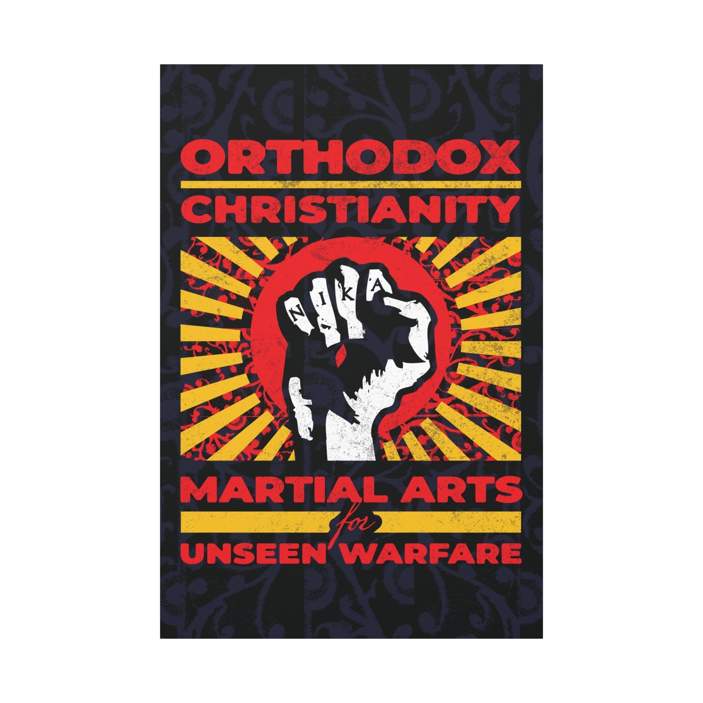 Orthodox Christianity: Martial Arts for Unseen Warfare | NIKA Jesus Fist on Colorful Sunburst Design | Orthodox Christian Canvas Art