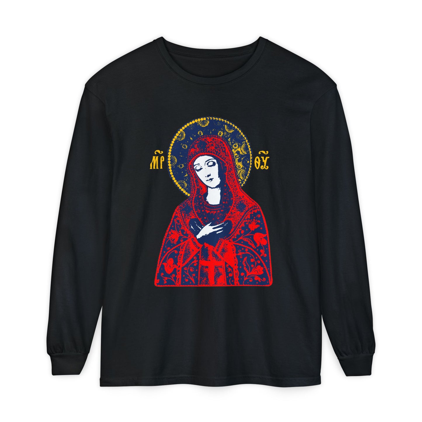 Joy of All Joys Tenderness Theotokos Iconographic Based on Traditional Orthodox Iconography | Red Design | Orthodox Christian Long Sleeve Shirt