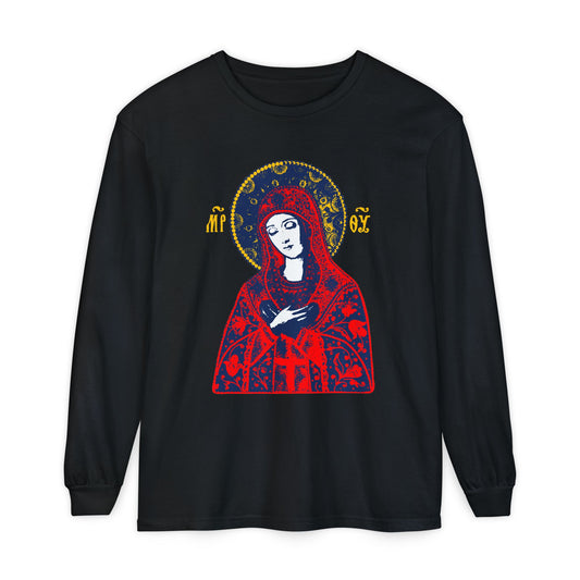 Joy of All Joys Tenderness Theotokos Iconographic Based on Traditional Orthodox Iconography | Red Design | Orthodox Christian Long Sleeve Shirt