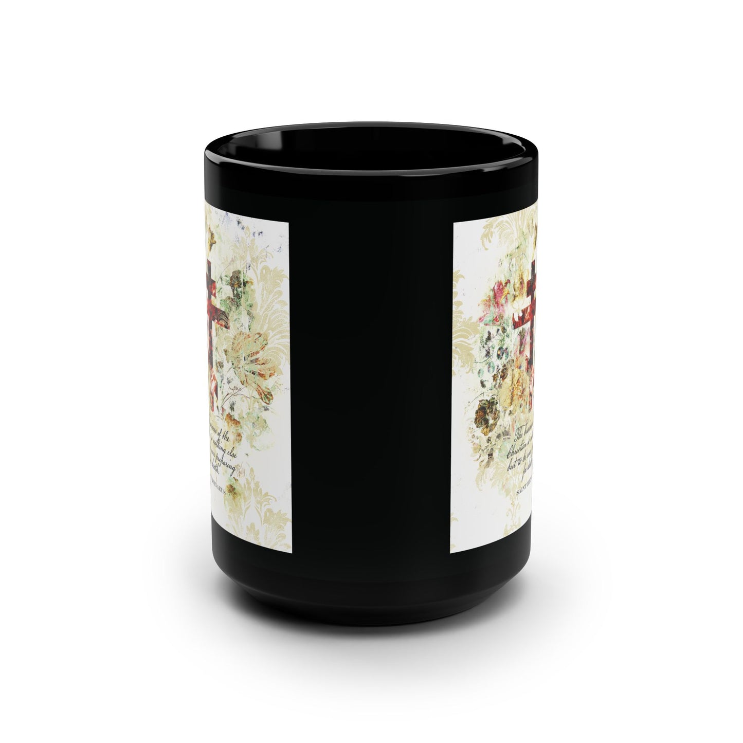 Preparing For Death | White & Beige Floral Scrapbook Texture Cross | Arts & Crafts Style | St Irenaeus | Orthodox Christian Black Mug