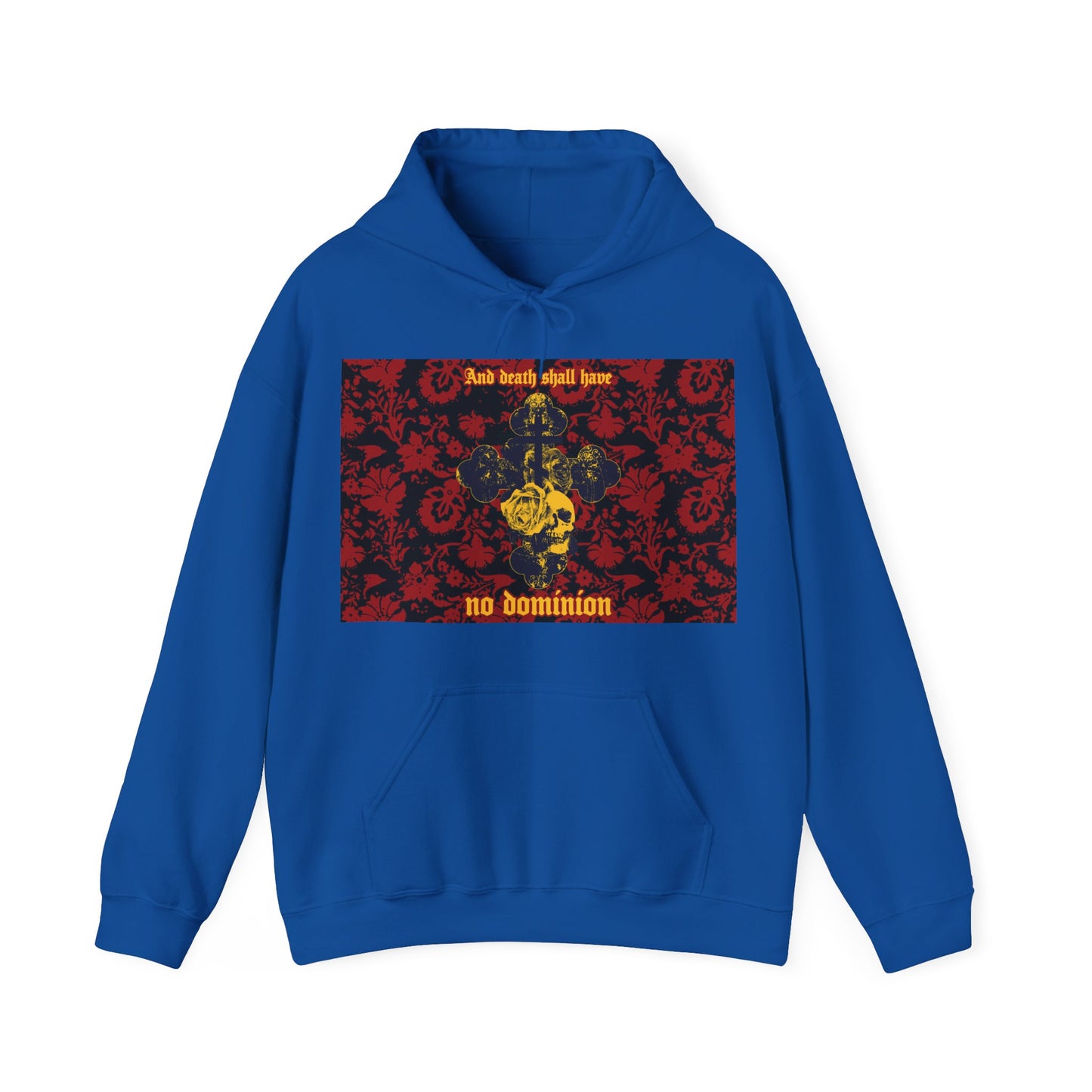 And Death Shall Have No Dominion (Dylan Thomas) | Resurrection | Gothic Style Cross, Skull and Rose on Floral Background | Orthodox Christian Hoodie-Royal-S-Remembrance of Death