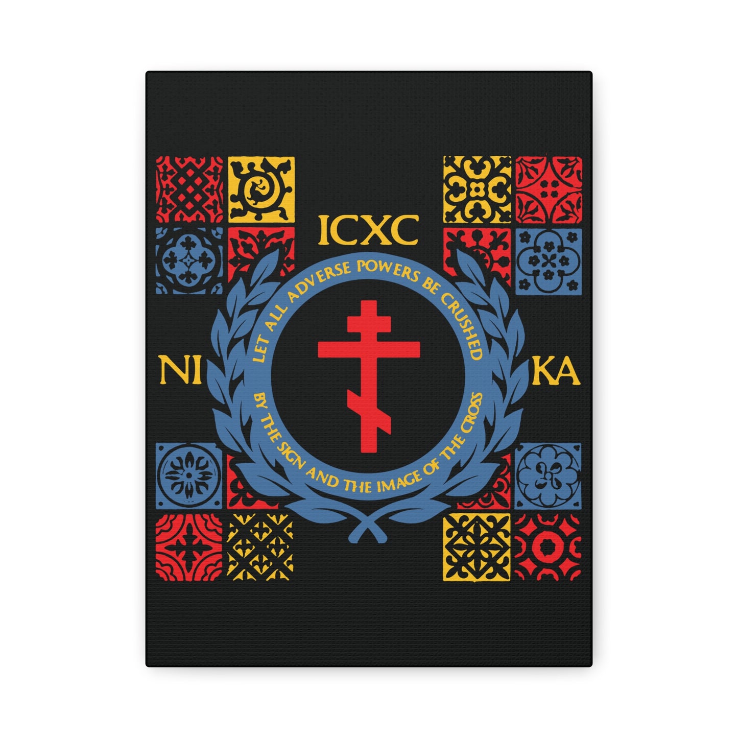 Let All Adverse Powers Be Crushed (Red, Yellow & Blue Design) | ICXC NIKA | Medieval Tile Design | Orthodox Christian Canvas Art
