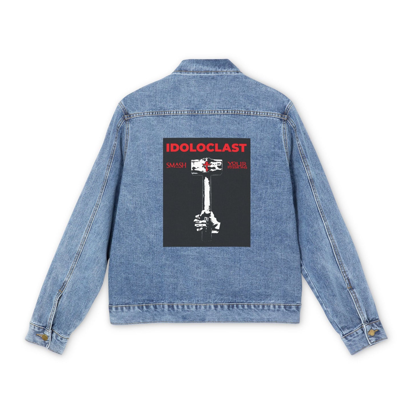 The Idoloclast Idol-Smasher Jean Jacket in medium denim wash features a Jesus fist with sledgehammer graphic and "ICXC NIKA," inspired by Christian asceticism and Orthodox tradition.