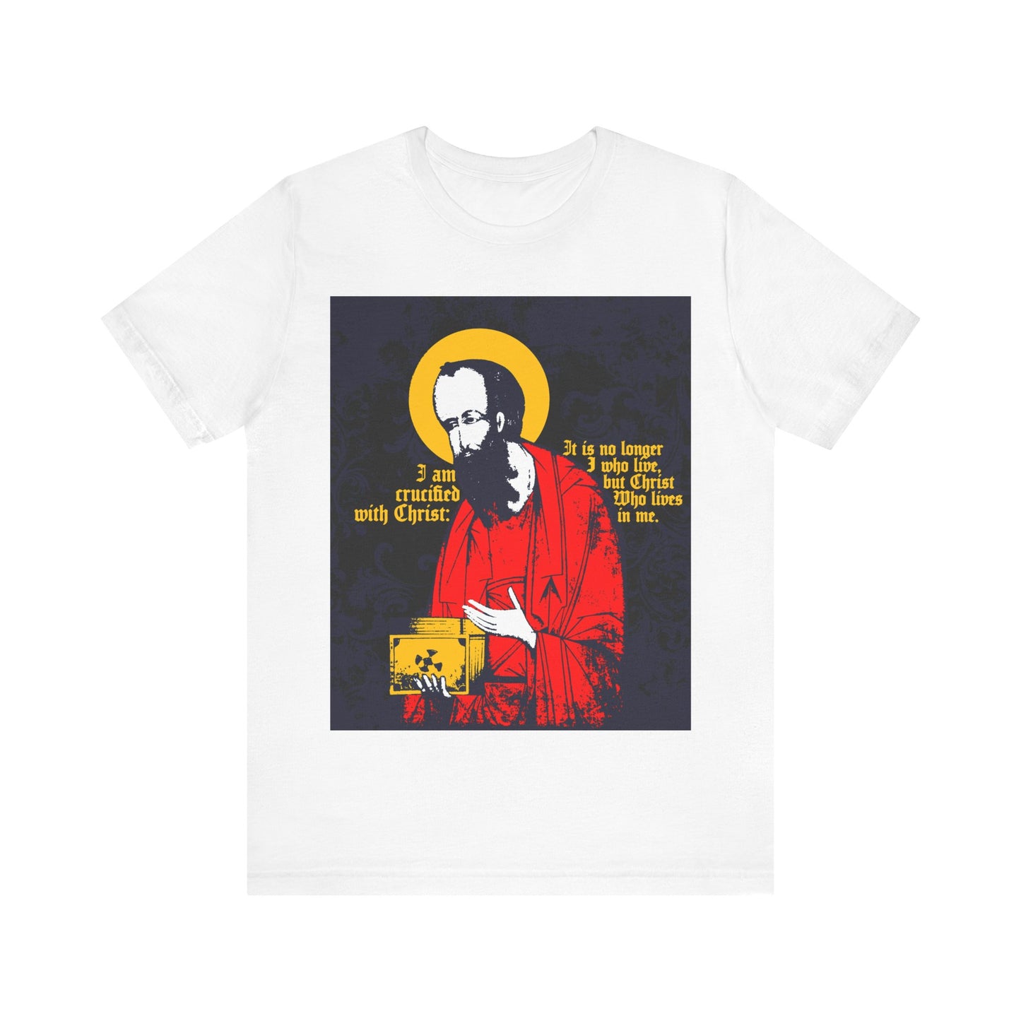 White "St Paul Holding Gospel Iconographic" T-shirt featuring "I am crucified with Christ" (Galatians 2:20), inspired by Orthodox Christian faith.