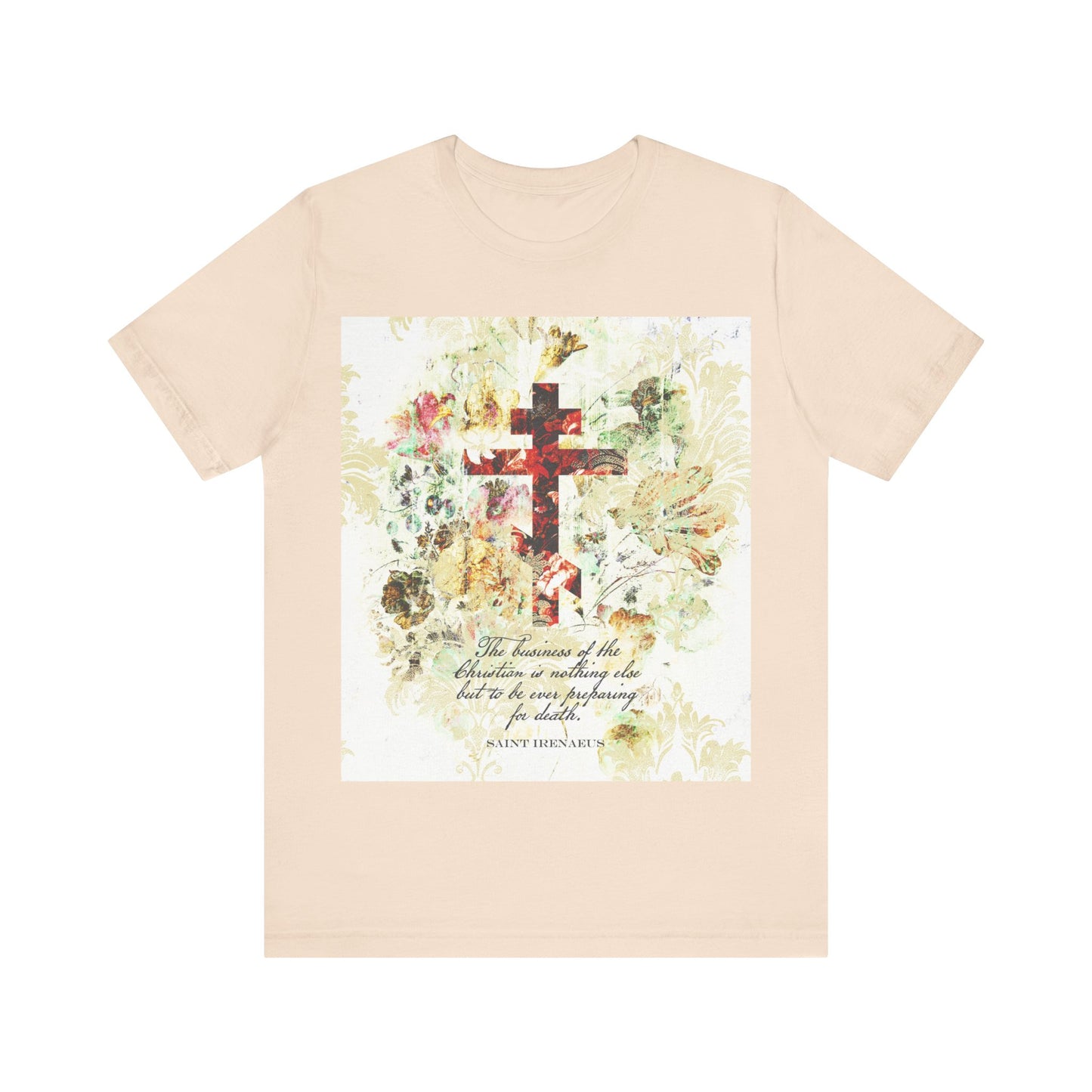 Soft cream t-shirt featuring a floral scrapbook texture cross in arts & crafts style and a St Irenaeus quote, inspired by Orthodox Christian teachings.