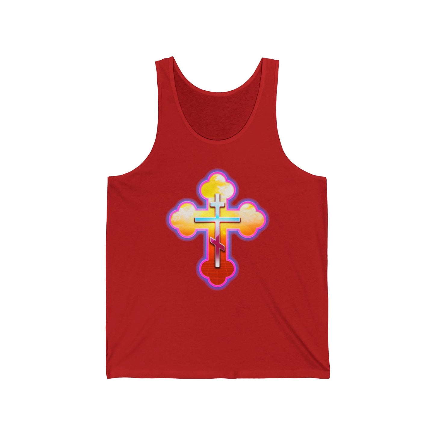 80s Synthwave Retrowave Outrun Aesthetic | Glowing & Reflective Gold & Red Three-Bar Cross | Orthodox Christian Jersey Tank Top / Sleeveless Shirt