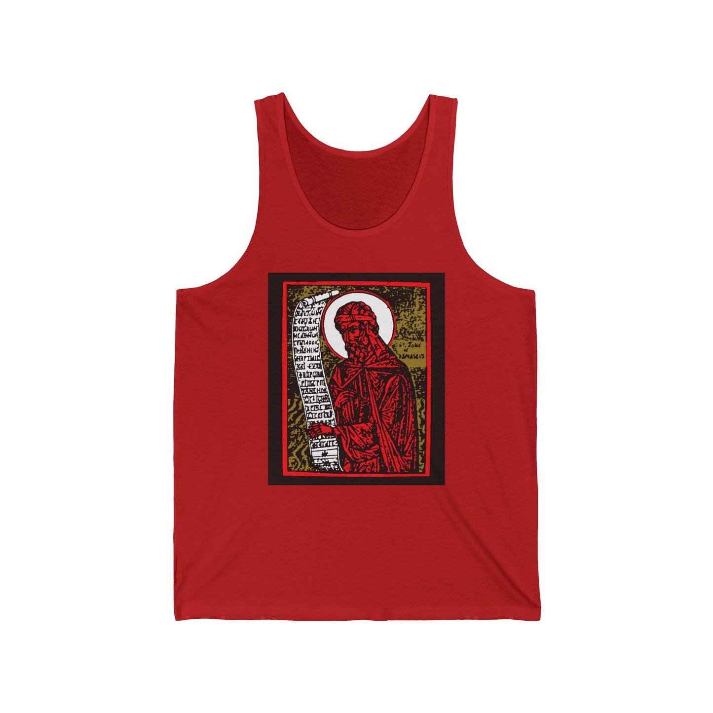 Red St. John of Damascus Icono-Graphic tank top featuring a high-contrast red, gold, and black saint design inspired by Orthodox Christian art. Made of cotton, this top is perfect for faith-inspired style.