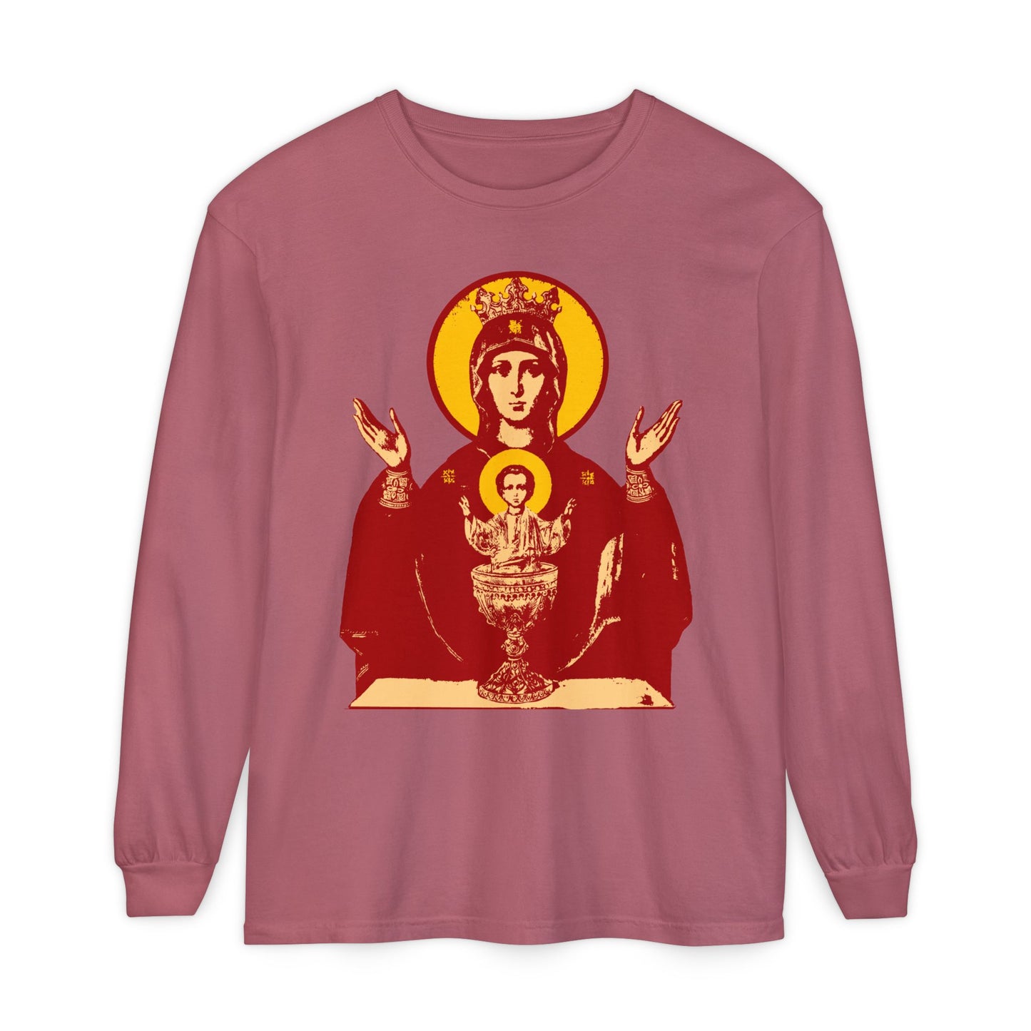 Crimson long-sleeve “Holy Theotokos IconoGraphic of the Inexhaustible Chalice | Deliverer from Addictions | Conquer Passions” with a stylized Orthodox Christian Madonna and Child icon on the front.