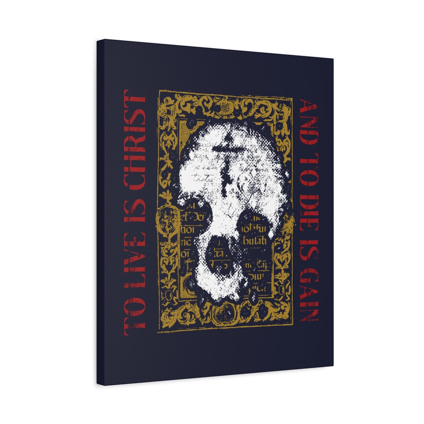 To Live is Christ, to Die is Gain (Philippians 1:21) | Skull with Cross on Gold Manuscript Texture | Orthodox Christian Canvas Art