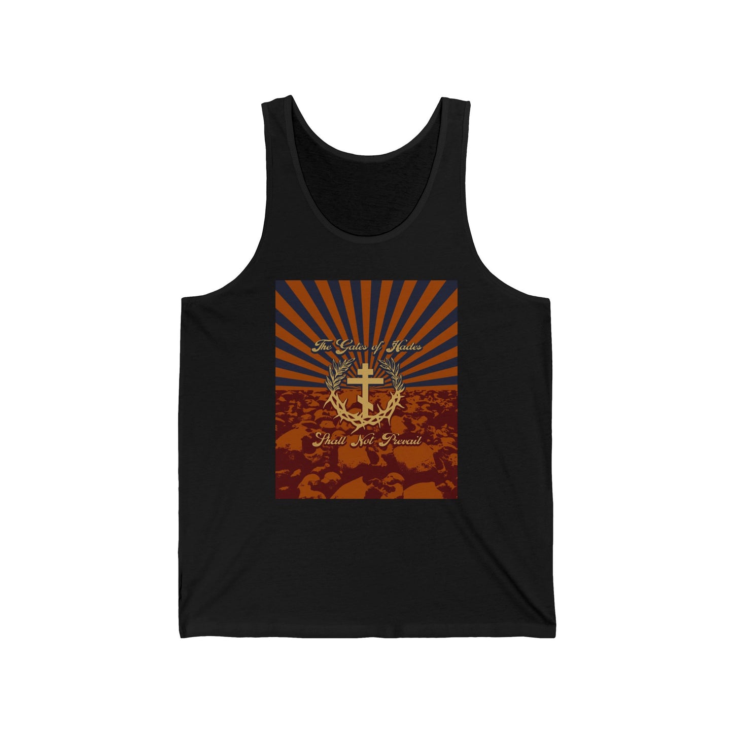 The Gates of Hades Shall Not Prevail | Cross with Wreath & Crown of Thorns | Skulls and Rays | Orthodox Christian Jersey Tank Top