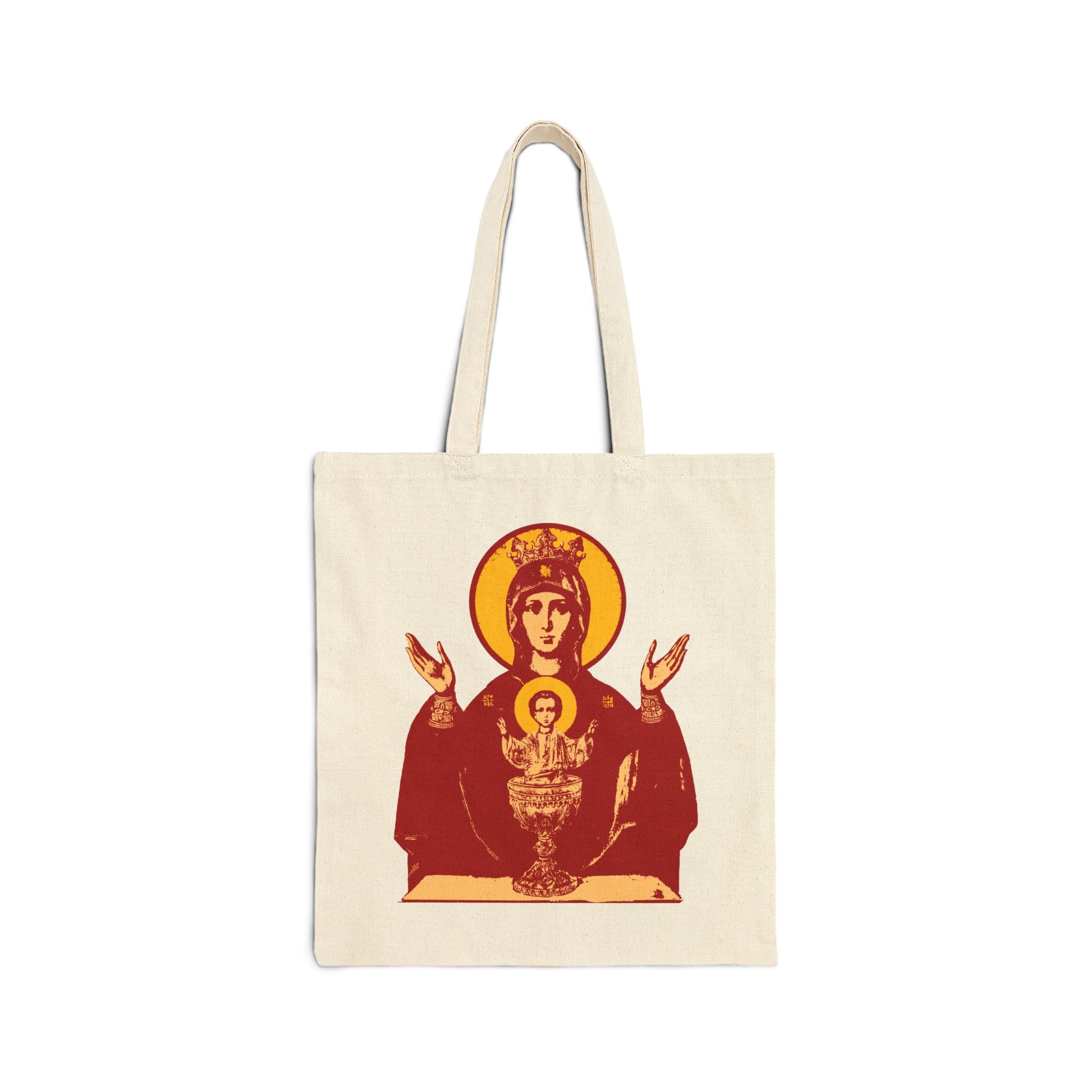 Natural tote bag featuring a red and yellow Holy Theotokos IconoGraphic of the Inexhaustible Chalice, Orthodox Christian design symbolizing deliverance from addictions and conquering passions.