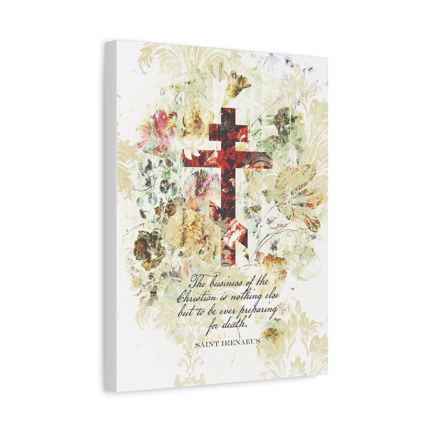 Preparing For Death | White & Beige Floral Scrapbook Texture Cross | Arts & Crafts Style | St Irenaeus | Orthodox Christian Canvas Art