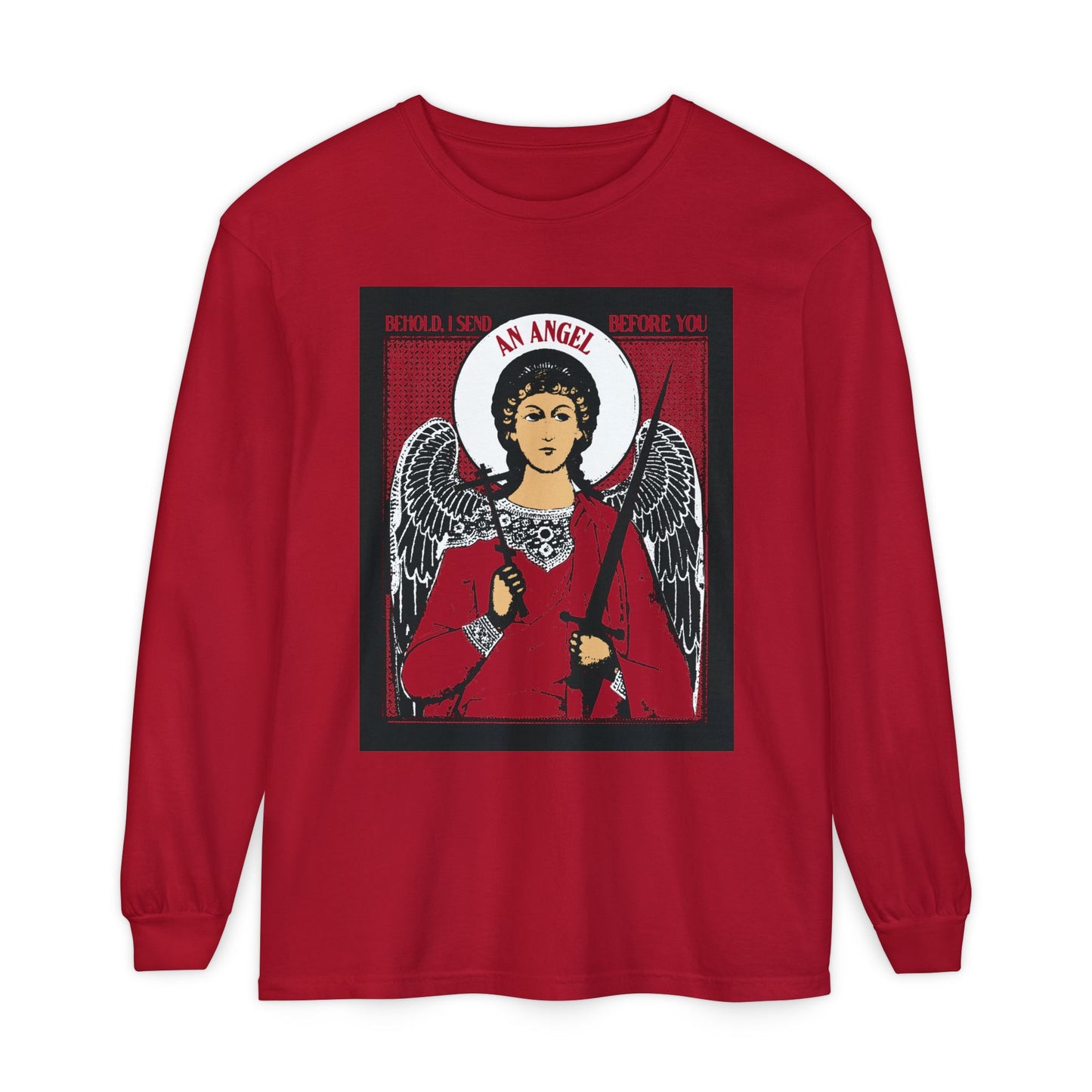 Behold, I Send an Angel Before You (Exodus 23:20) | Guardian Angel With Cross and Sword IconoGraphic | Orthodox Christian Long Sleeve Shirt