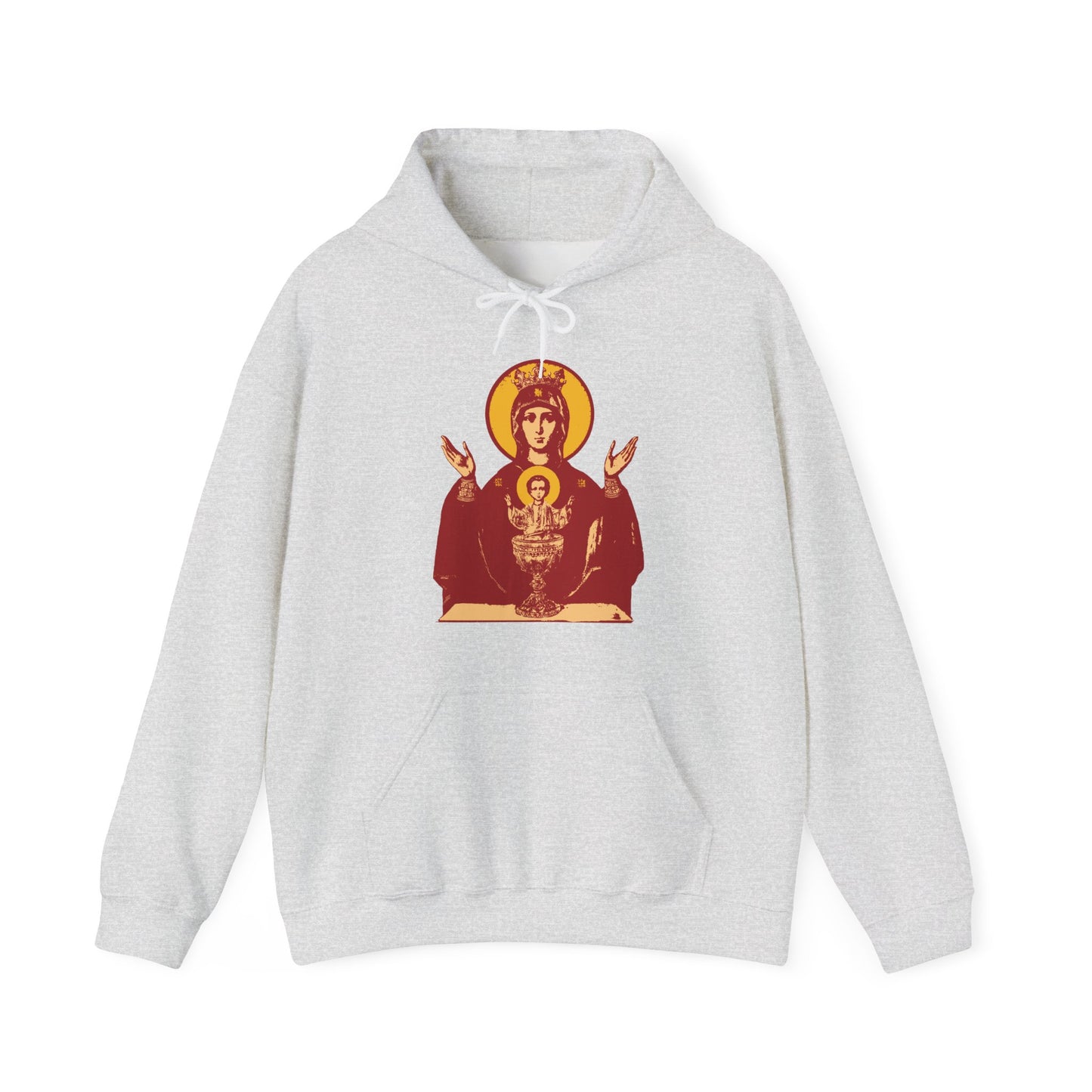 Ash hoodie featuring a vivid red and gold Holy Theotokos IconoGraphic of the Inexhaustible Chalice—Deliverer from Addictions and Conqueror of Passions—on the front. Orthodox Christian design.