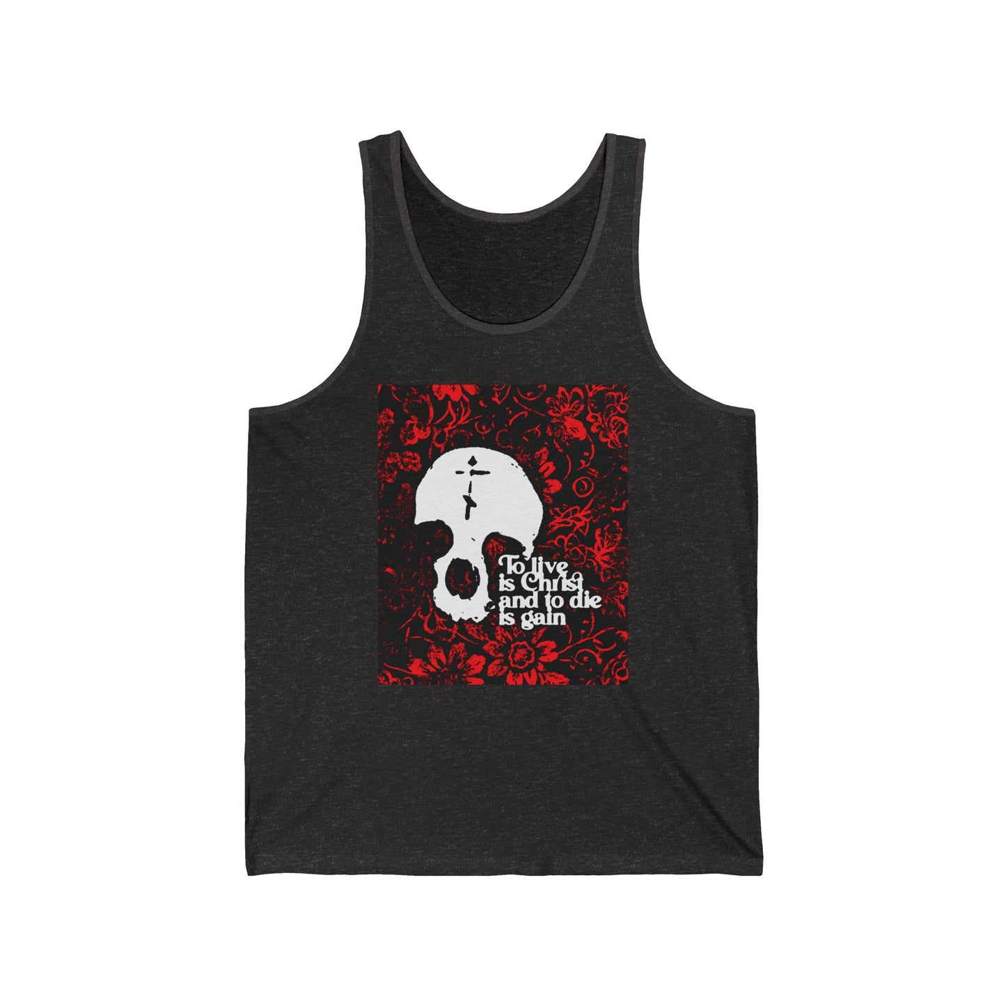 To Live is Christ To Die is Gain (Phil 1:21) | Skull with Cross on Red Floral Texture | Orthodox Christian Jersey Tank Top / Sleeveless Shirt