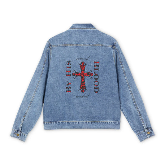 Washed/Covered By His Blood (1 John 1:7) | ICXC NIKA Ornate Red Orthodox Cross | Orthodox Christian Custom Blue Denim Jacket